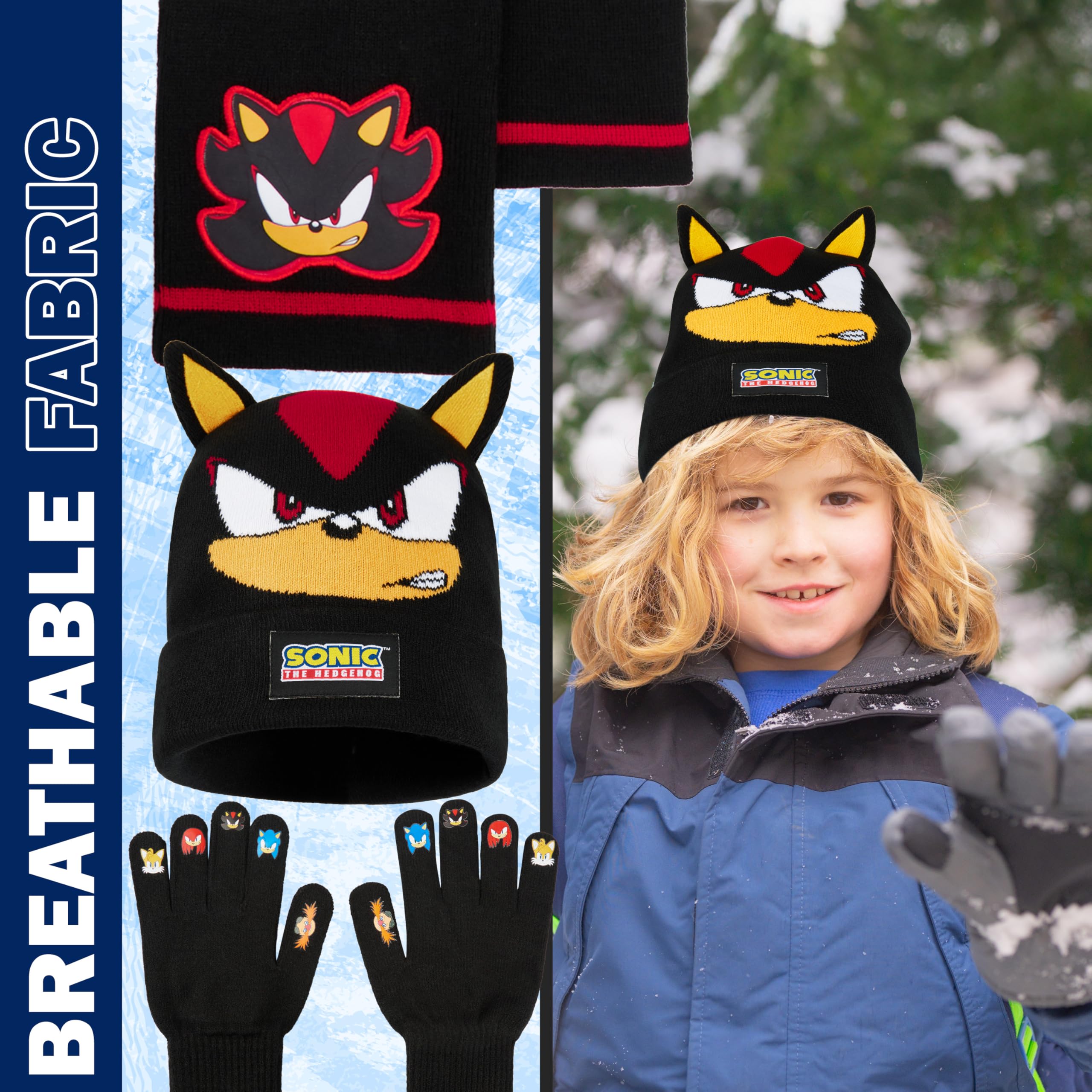 Get Trend SONIC THE HEDGEHOG Ensemble Bonnet Echarpe Gant Garçon, 3 Pièces, Maille Douce, Cosy Accessoires Hiver, idee Cadeau Gamer