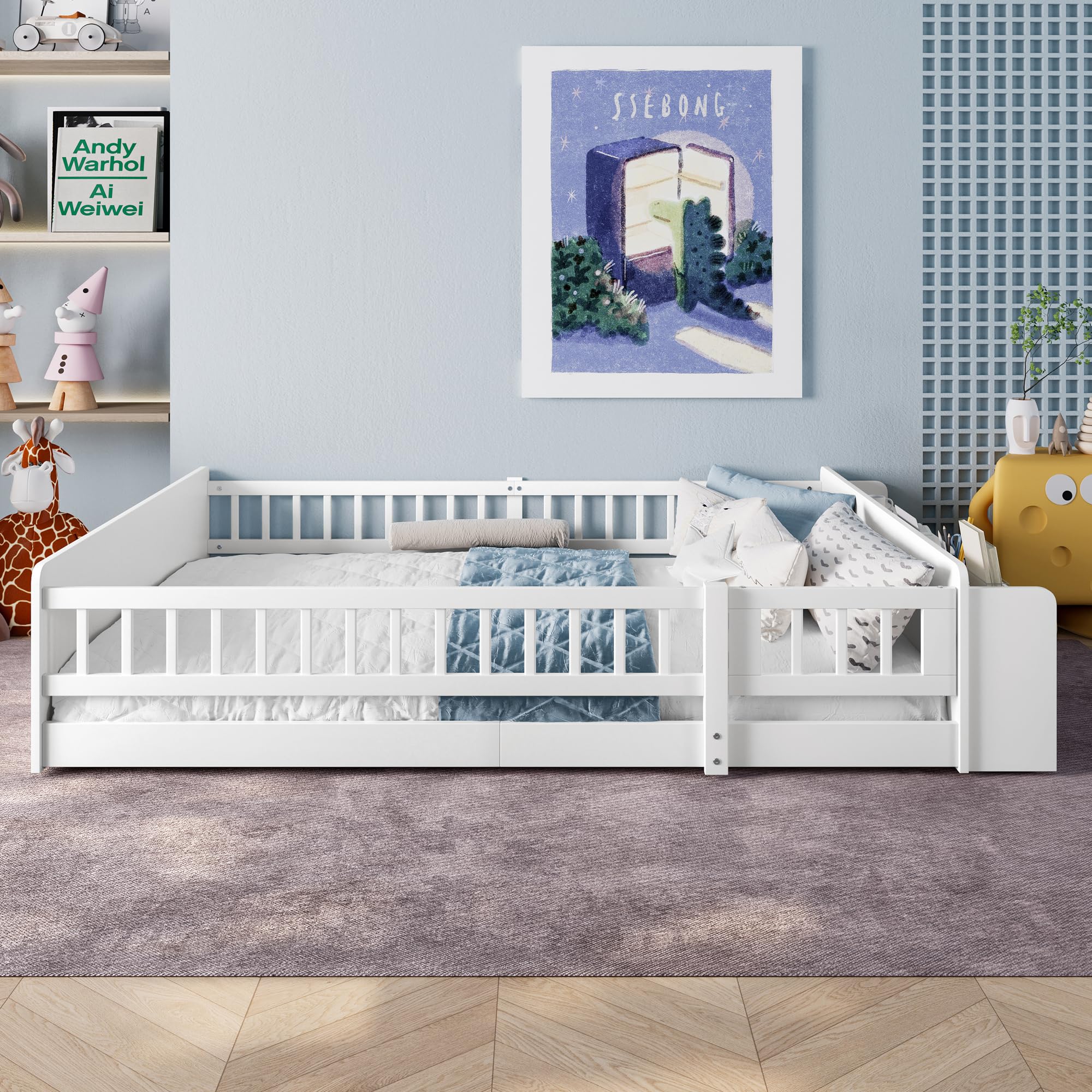 Cama Infantil De Madera De Pino 140x200 Cm | Con Almacenamiento Abierto Y Estantes, Color Blanco