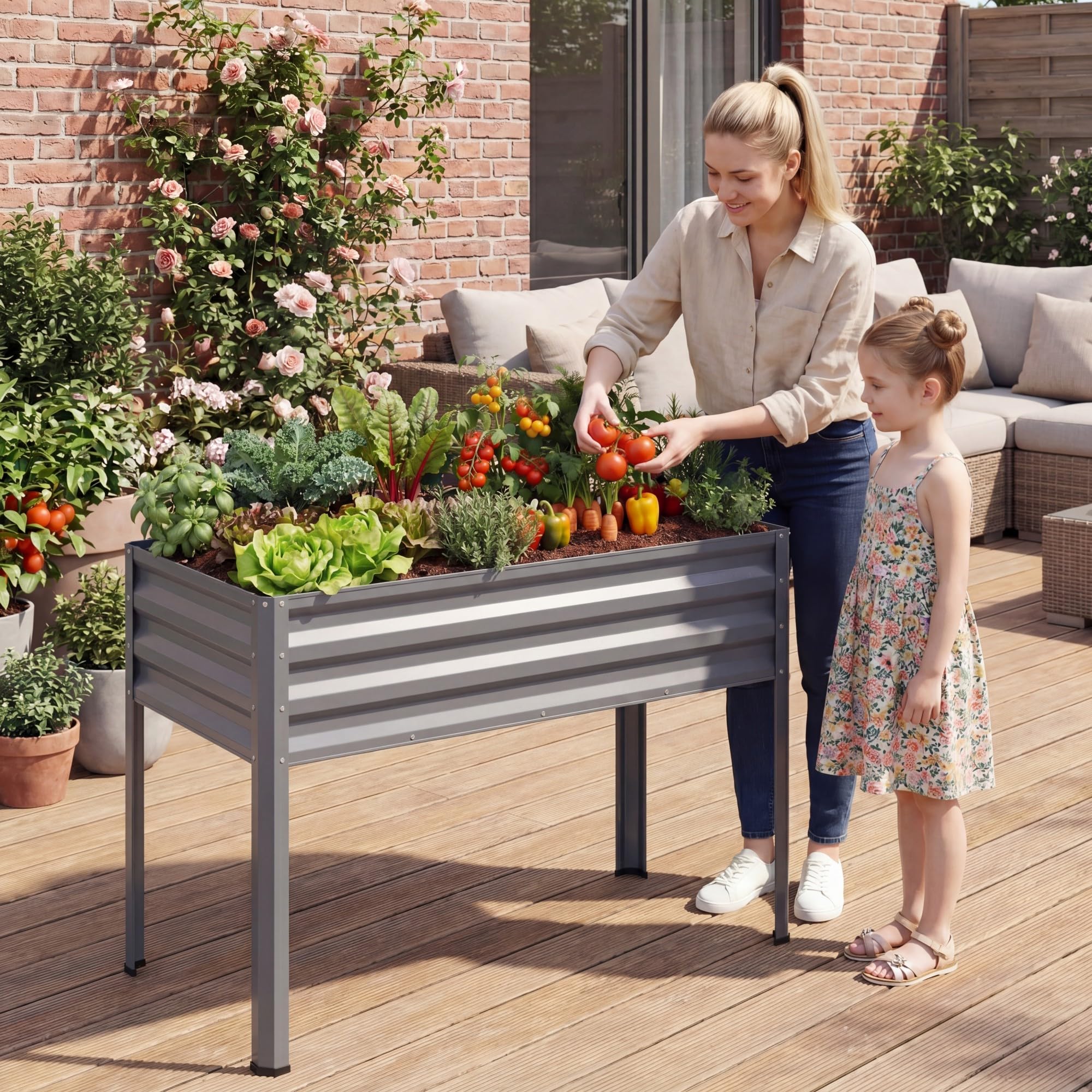 HOMASIS Jardiniere sur Pieds en Métal 142L, Potager Surélevé avec Trou de Drainage, Patins Antidérapants&Barres Renforcées, Table de Culture pour Légumes&Fleurs, Jardin&Balcon, 112x55x152cm (Gris)