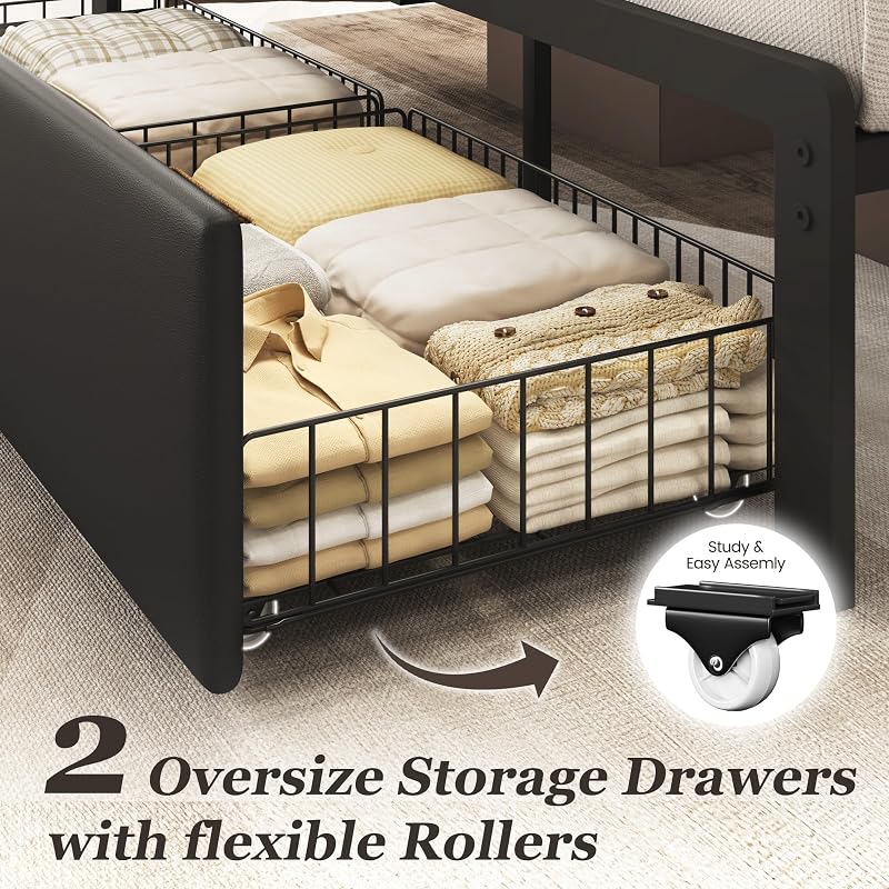 Fluest Queen Bed Frame with 2 Storage Drawers, Upholstered Headboard Button Tufted Bed Frame with Charging Station, No Box Spring Needed, Noise-Free, All Metal Structure, Black image 4