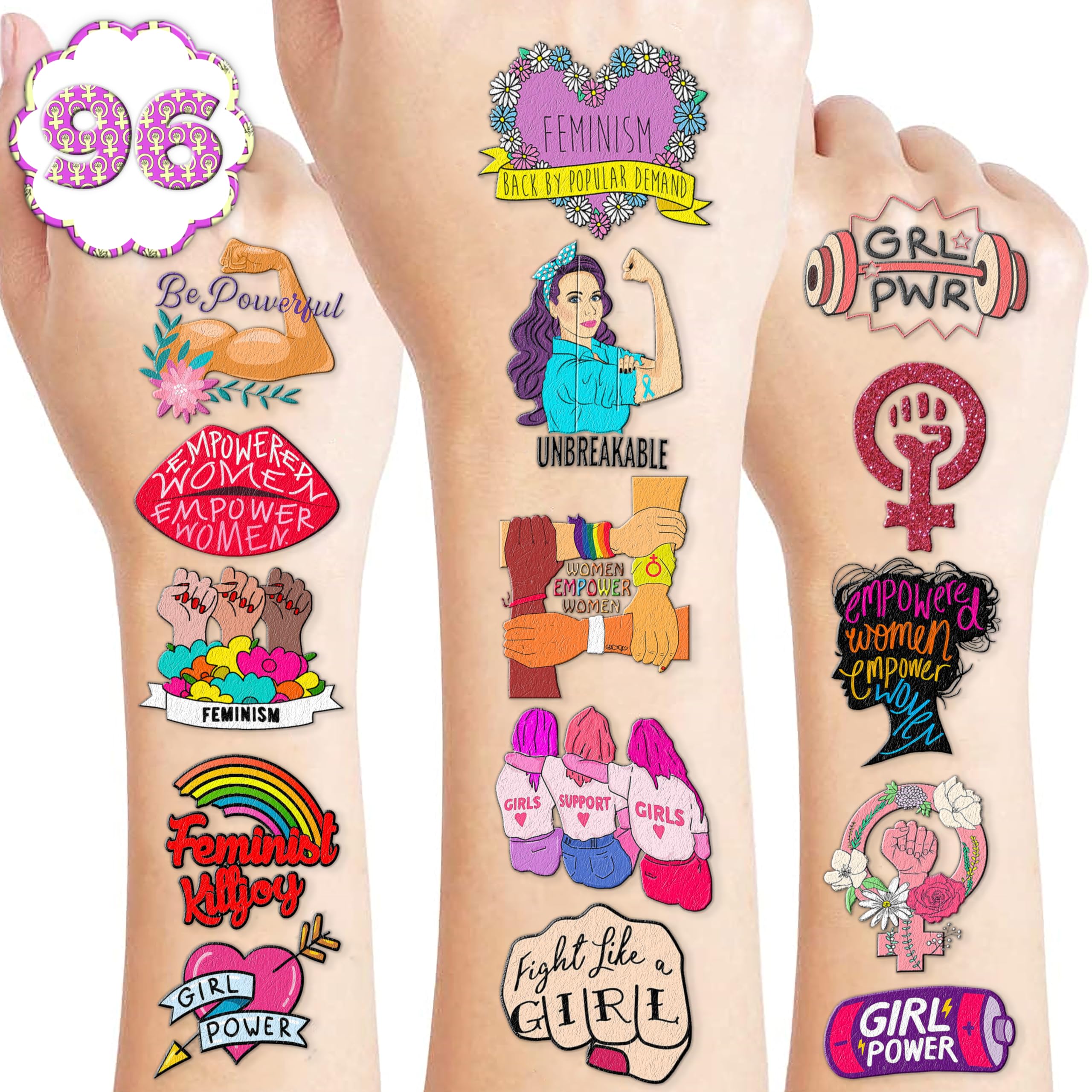 96PCS Funny Girly Feminist Temporary Tattoos Birthday Party Decorations Supplies Favors Decor Women Power Rights Gender Equality Tattoo Stickers Gifts