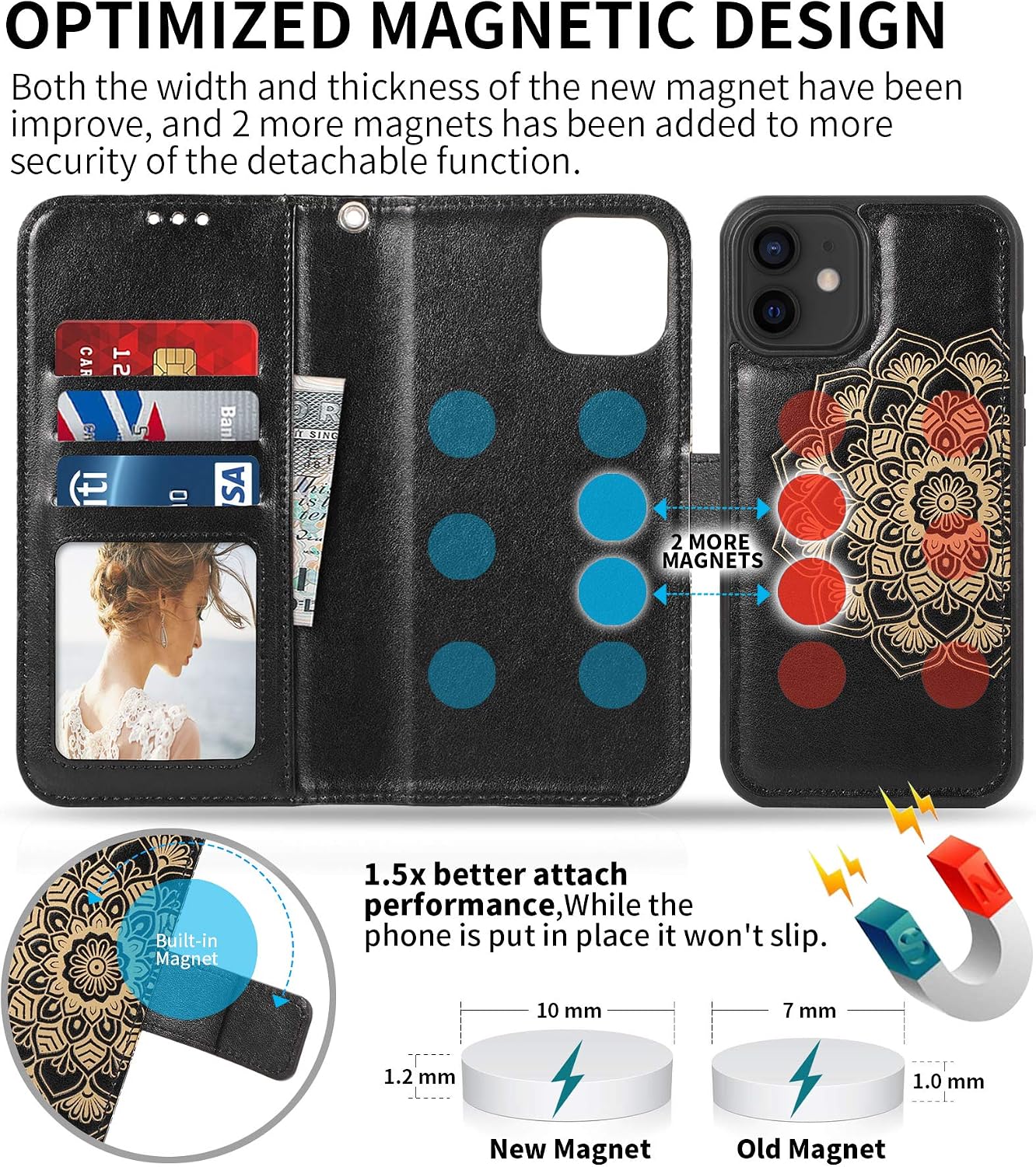 CASEOWL Wallet Case Compatible for iPhone 12/12 Pro,Magnetic Detachable Slim Case Fit Magnetic Car Mount,Card Solts Holder,Embossed Mandala Pattern Flower Floral Vegan Leather Flip Wallet Case[Black]