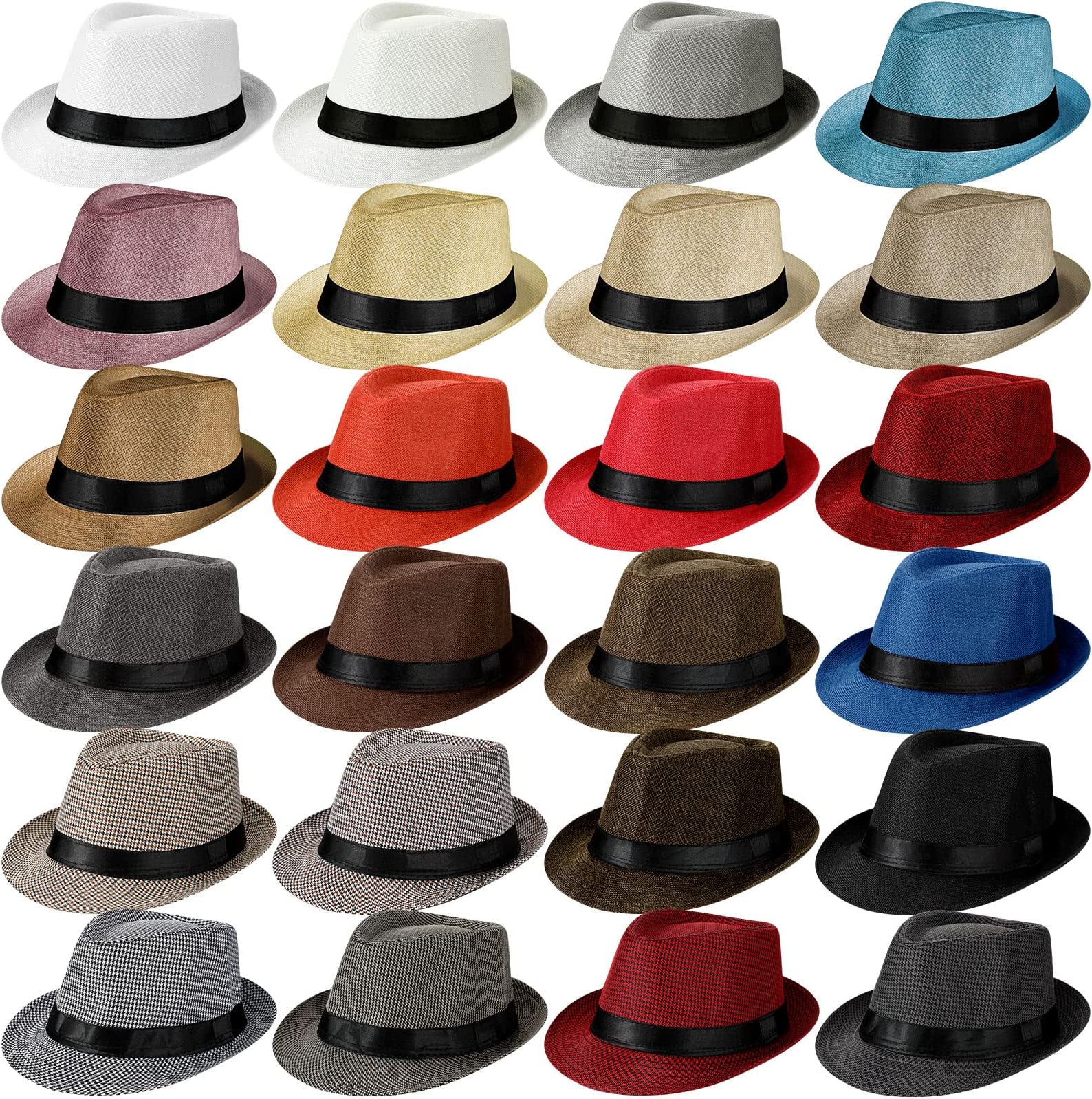 24 Pack Fedora Hats Bulk 1920s Unisex Houndstooth Short Brim Straw Hat Trilby Hats, Seasonal Panama Hat, 24 Colors
