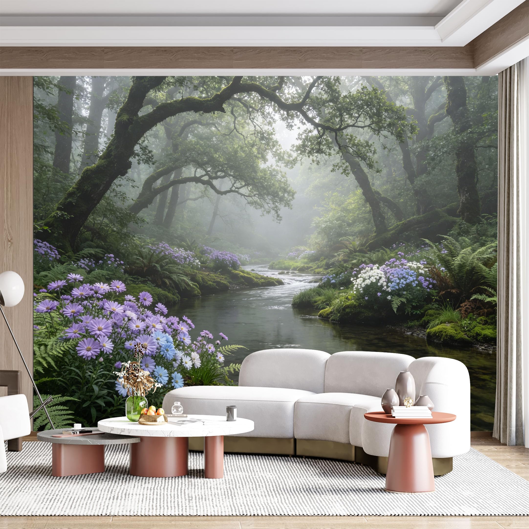 Custom Size Wall Mural Misty Forest Stream Wildflowers Landscape Botanical Watercolor SelfAdhesive Wall Fabric Removable for Home Office Decor