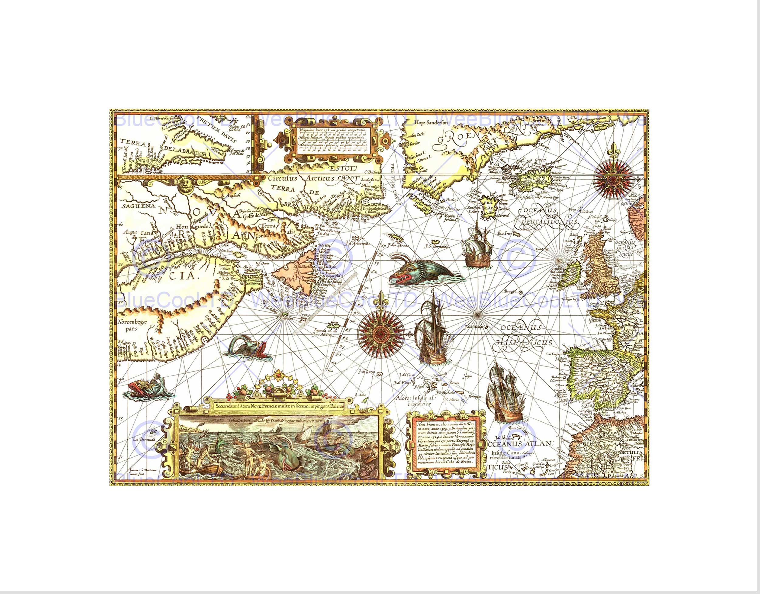 Wee Blue Coo Map Antique North Atlantic Ocean Europe America Wall Art Print