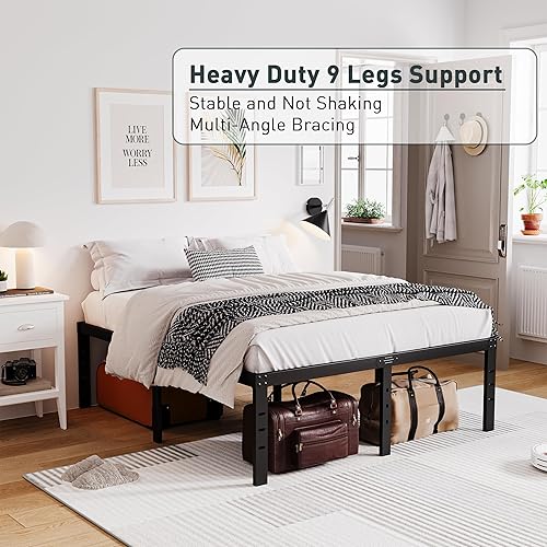 Miniatura 5 de AMOBRO Base de cama de metal tamaño King  Base de cama de metal de 18 pulgadas con parachoques de seguridad y almacenamiento espacioso, fácil