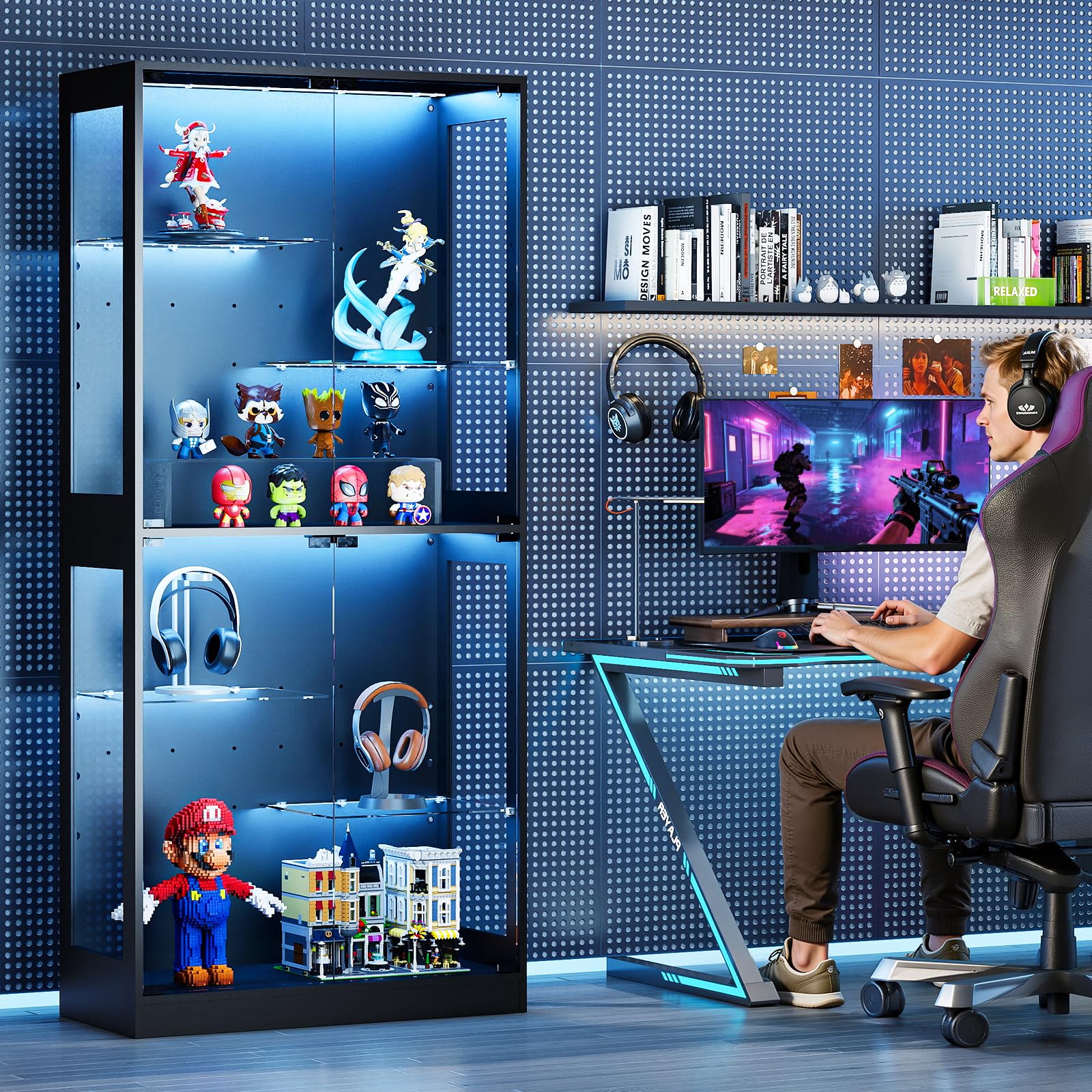 Lamtor Glasvitrinen Stehend mit LED Beleuchtung – 175 cm Glas Vitrinenschrank Wohnzimmer, Vitrine mit Verstellbares Regal, APP & Remote Control 6000+RGB (Schwarz)
