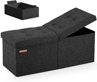 HAUSFRAU 31.5" Folding Storage Ottoman Bench with Flipping Lid - Linen Black Footrest Stool for Bedroom, Living Room & Entryway