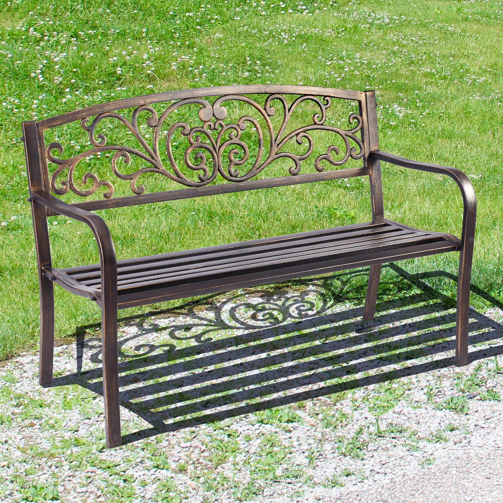 SFAREST 2 Seater Garden Bench, Slatted Park Chair Seat with Armrest, Metal Frame Outdoor Leisure Loveseat for Patio Backyard Poolside Balcony (1, Butterfly Pattern, Antique Brass)