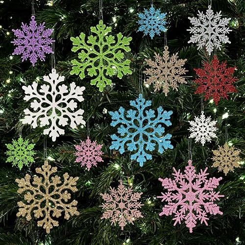 Miniatura 16 de 36 adornos de copos de nieve plateados iridiscentes de Navidad, copos de nieve colgantes de plástico con purpurina para decoración de árbol de Láser