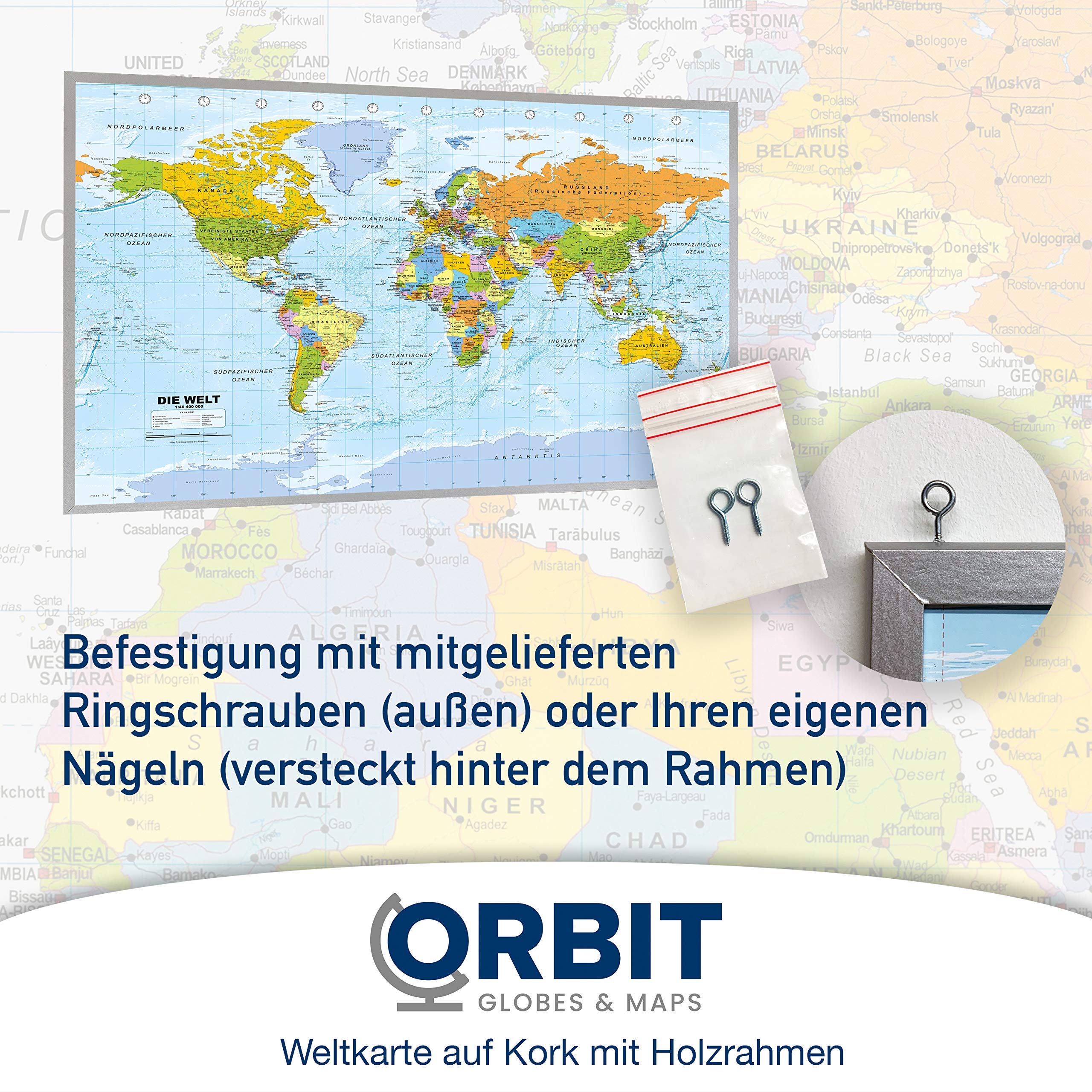 ORBIT Globes & Maps - Weltkarte - Kork Weltkarte auf Pinnwand mit Holzrahmen (silber) 90 x 60 cm, deutsch mit Fähnchen und Pins sowie Befestigungsmaterial