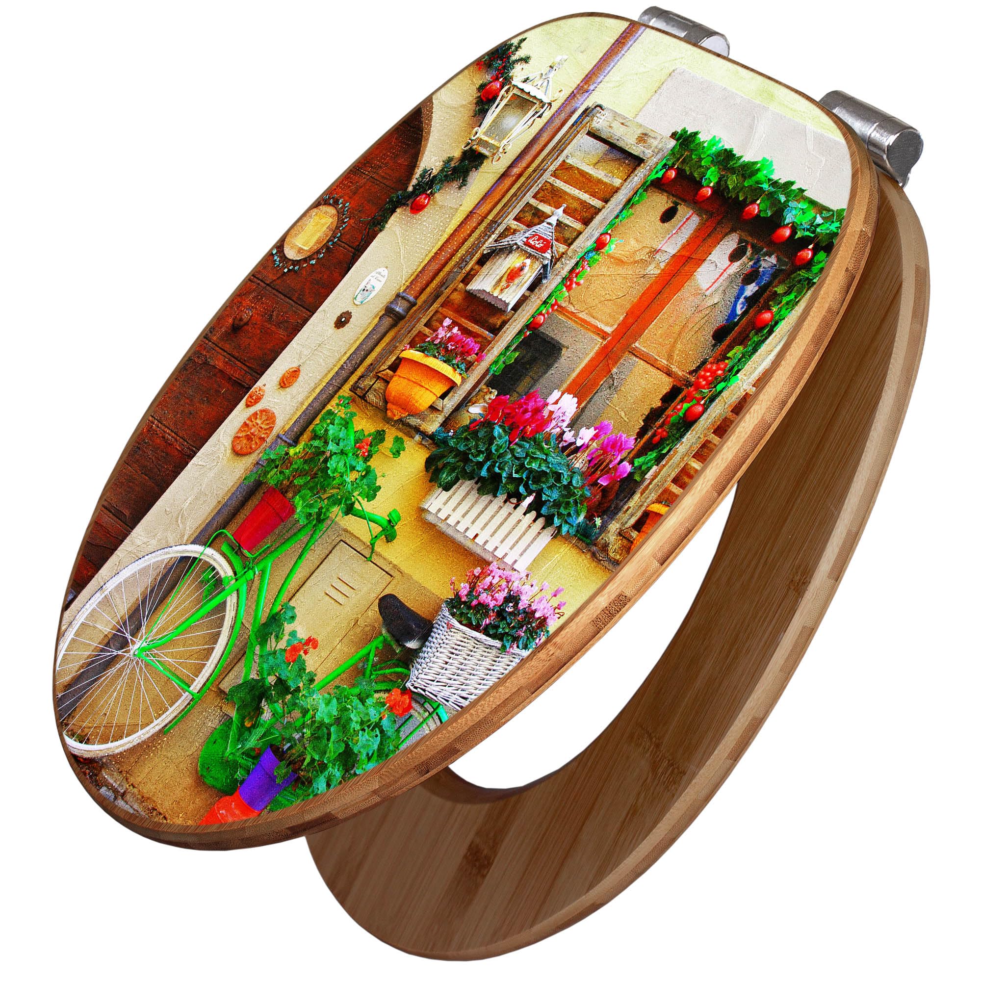 banjado Design WC Sitz Bambus Absenkautomatik 45,8x37,5cm - Toilettendeckel mit Absenkautomatik Holz - hochwertiger Bambus Klodeckel - WC-Sitz für gängigen Toiletten - Motiv Grünes Fahrrad