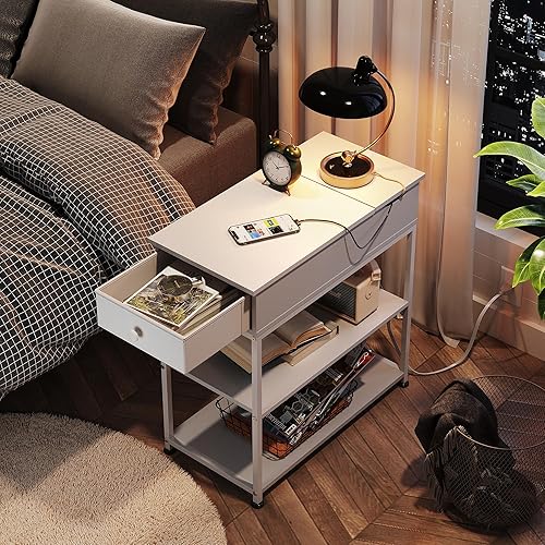 Miniatura 37 de WLIVE Mesa auxiliar estrecha con 2 puertos USB y 2 tomacorrientes, mesa auxiliar abatible con cajón y estantes de almacenamiento, soporte auxiliar