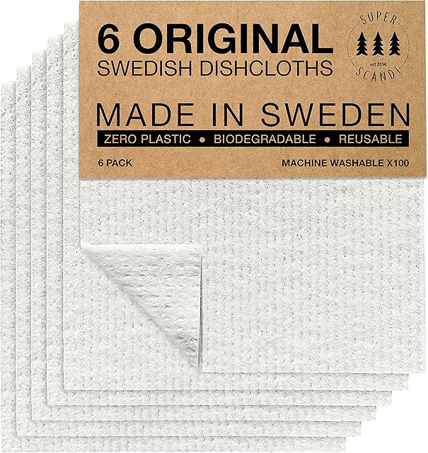 SUPERSCANDI Made in Sweden Dish Cloths Eco-Friendly Paper Alternative White 6 Pack Reusable Compostable Kitchen Dish Cloths & Rags