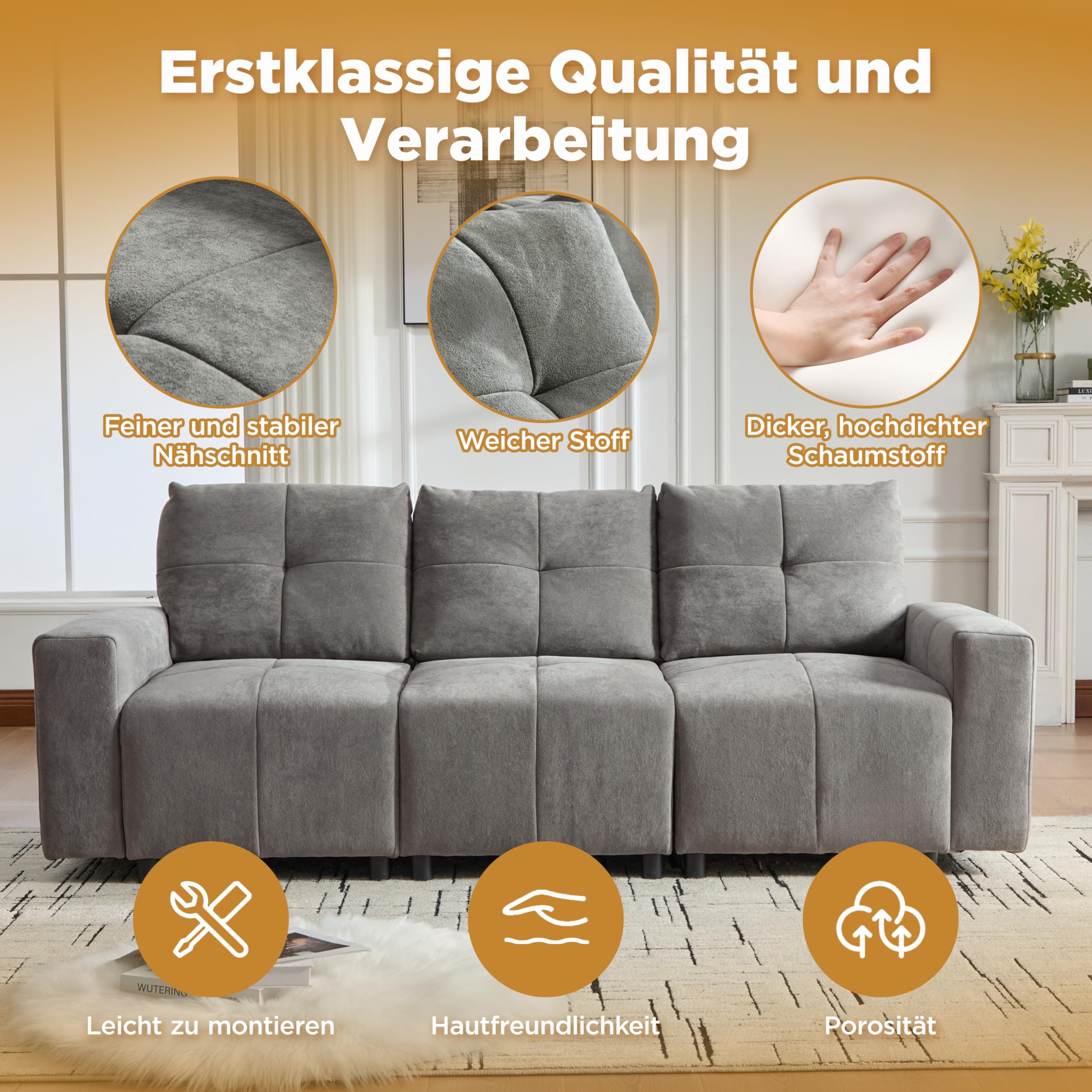 Merax 3-Sitzer Schlafsofa mit Verstellbarer Sitztiefe, multifunktionales Sofa mit Liegefläche & Gästebett, Chenille-Stoff, robuster Massivholzrahmen, gerades Kompaktdesign, Grau