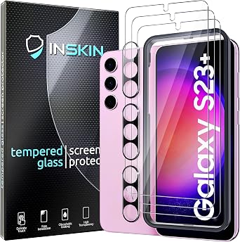 واقي شاشة من الزجاج المقوى من Inskin لهاتف Samsung Galaxy S23+/S23 Plus مقاس 6.6 بوصة، 2023 - عبوة 3+3 مع واقي عدسة الكاميرا وإطار المحاذاة التلقائية Ultra HD، مناسب للحافظة
