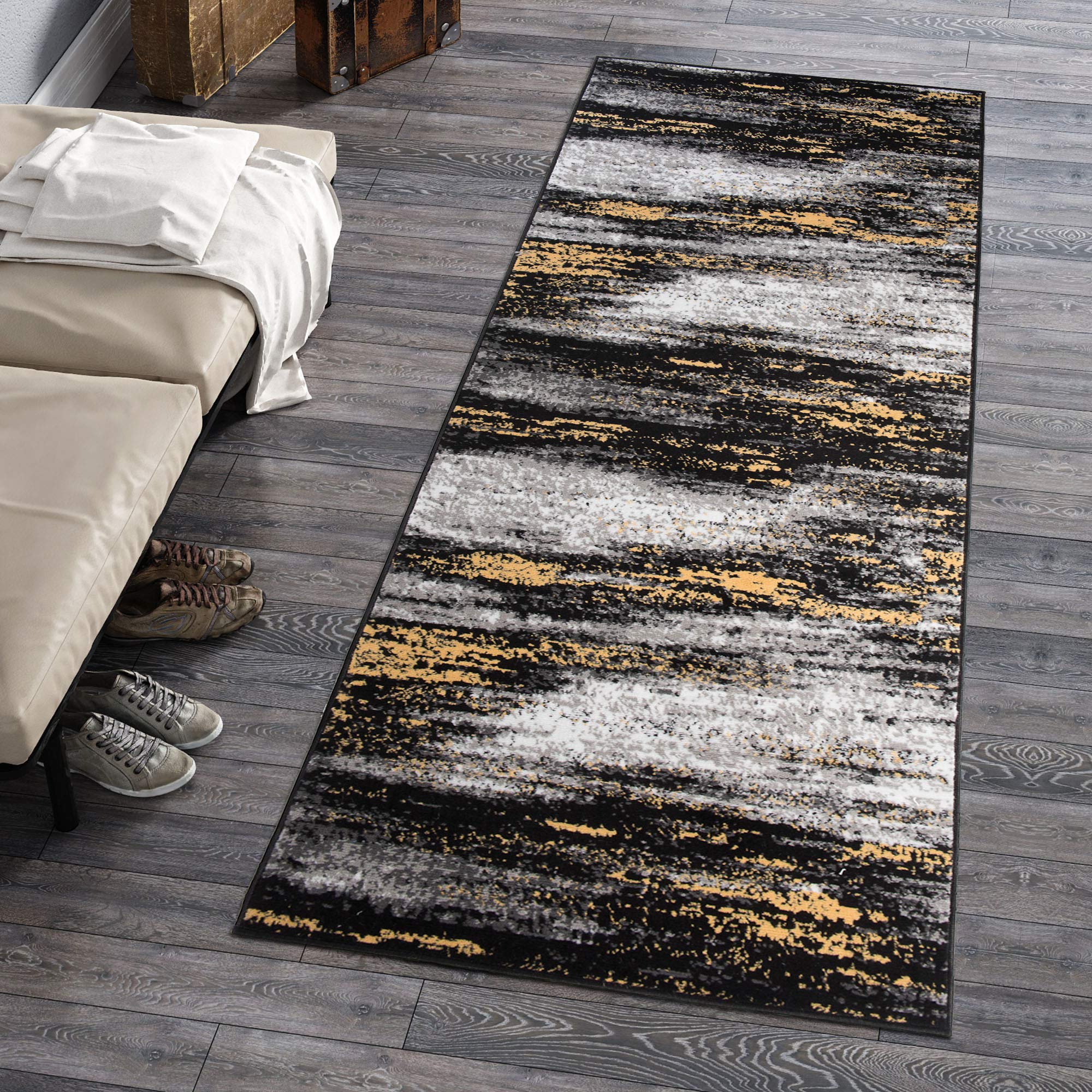 Carpeto Rugs Alfombra de Pasillo Moderna Larga de Pelo Corto de Diseño Abstracto ​- Alfombras de Pasillo por Metros - Alfombras para Pasillos Largo - Amarillo Gris - 70 x 200 cm