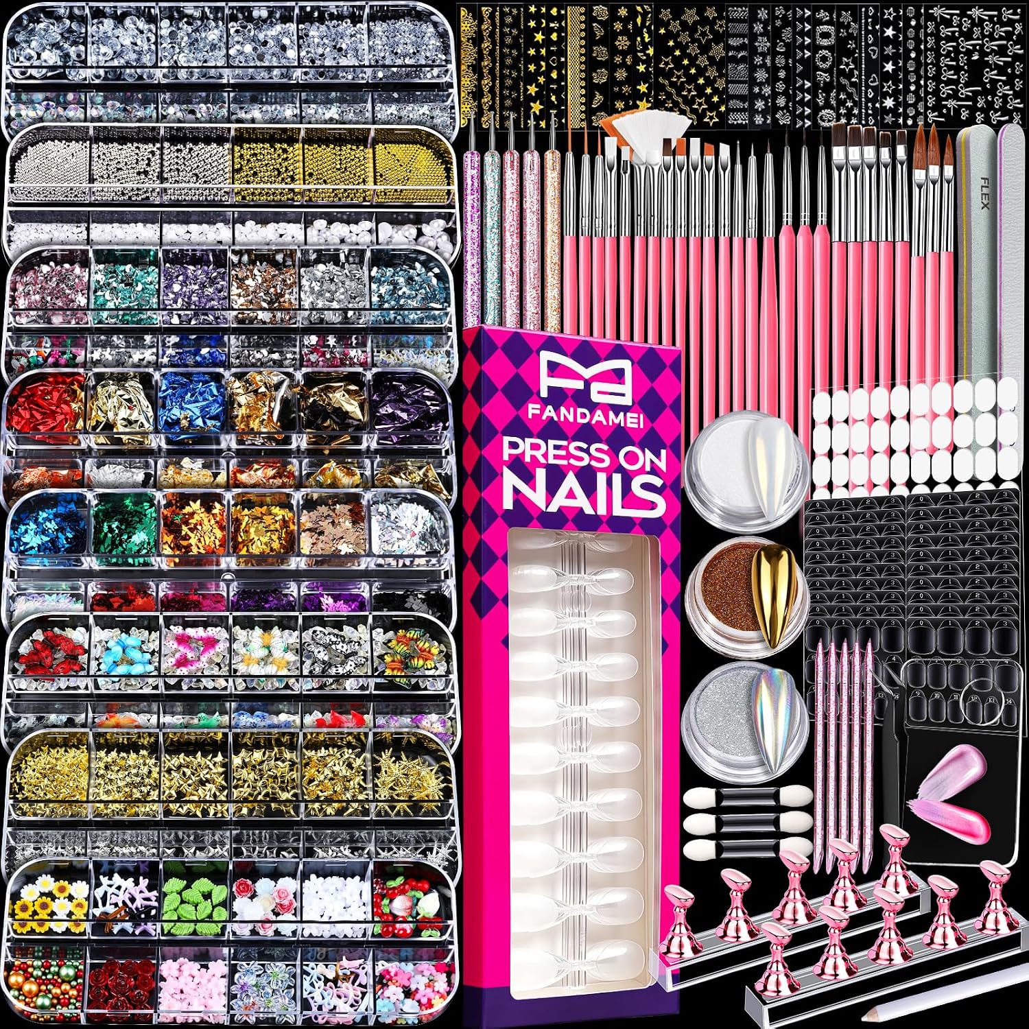 FANDAMEI Nail Kit with 8 Boxes Nail Charms and Nail Tips, Nail Art Kit