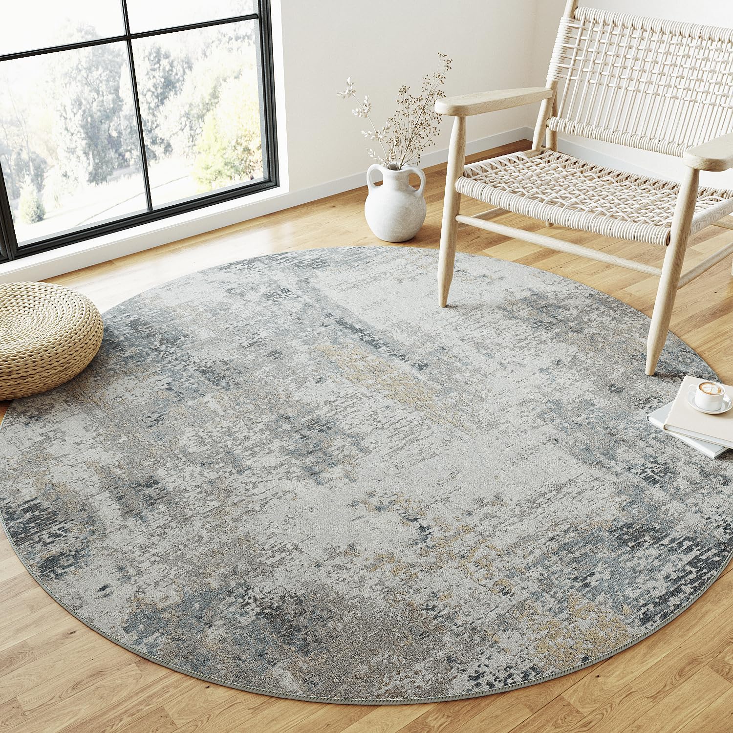 8x8 Washable Round Rug Blue Cream Abstract Modern Living Room Bedroom Large Area Rug Non Slip Soft Simple Indoor Floor Carpet for Dining Room Office Entryway Kitchen Nursery 8' Round Blue/Cream