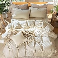 Vista 5 de MooMee Juego de funda de edredón 100% algodón lavado con textura tipo lino, transpirable, duradero, suave y cómodo