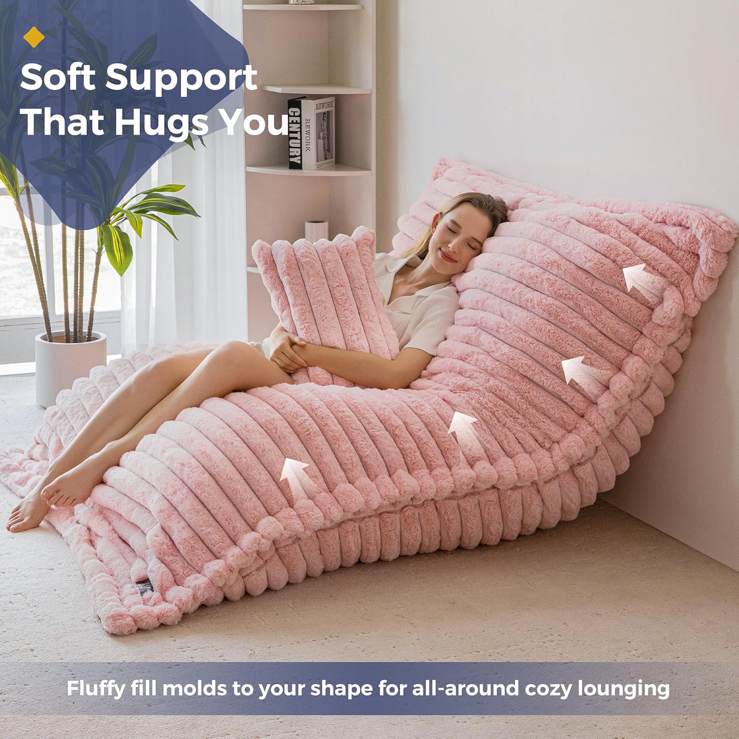 MAXYOYO Giant Bean Bag Chair with Pillow, 3 in 1 Convertible Bean Bag Chair for Adults with Removable Cover, Floor Cushion Stuffed Floor Lounger for Living Room Bedroom, Pink - Image 9