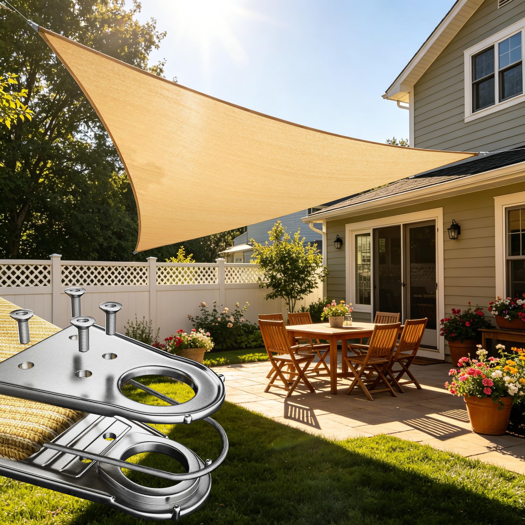 Photo 1 of ShadeMart 32' x 32' x 32' Beige Sun Shade Heavy Duty Triangle Shade Sail, Custom Size Super Ring Canopy Awning Shades for Patio Carport Yard UV Blockage Commercial Grade 260 GSM