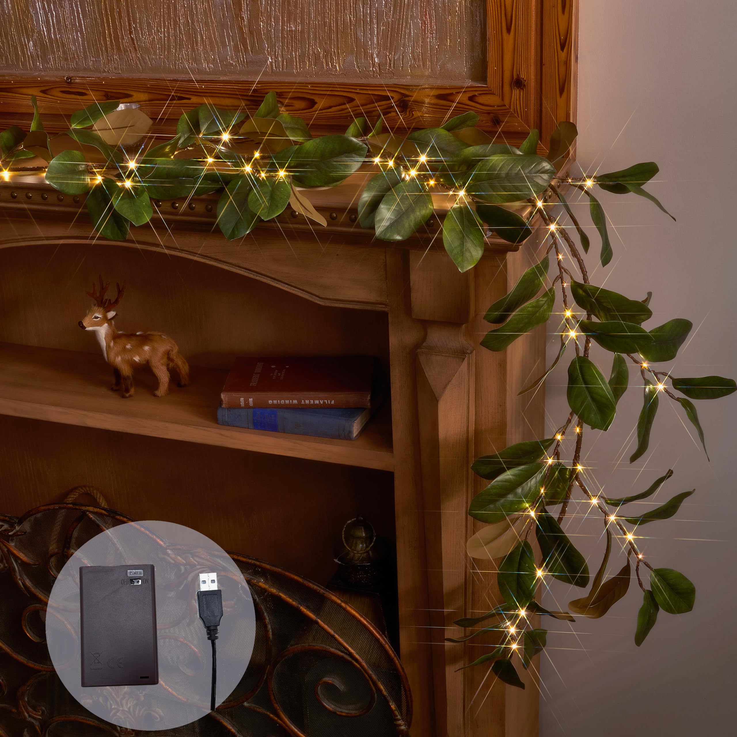 BAOLITVINE Lighted Magnolia Garland with Timer 6FT 80 LED Fairy Lights, Artificial Plant Vine Garland with Lights Battery Operated or USB Plug in for