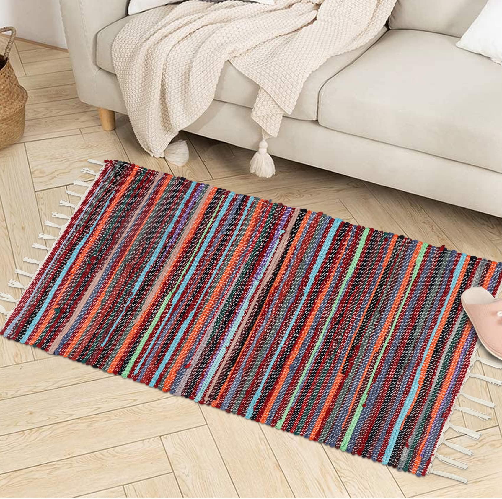 Famibay Cotton Chindi Rug Handmade Rag Rug Washable Area Rug Woven Multicoloured Rug with Tassel Bath Mat Water Absorbent Floor Mat for Bathroom Living Room Bedroom Kitchen Laundry Room(60x120cm,Red)