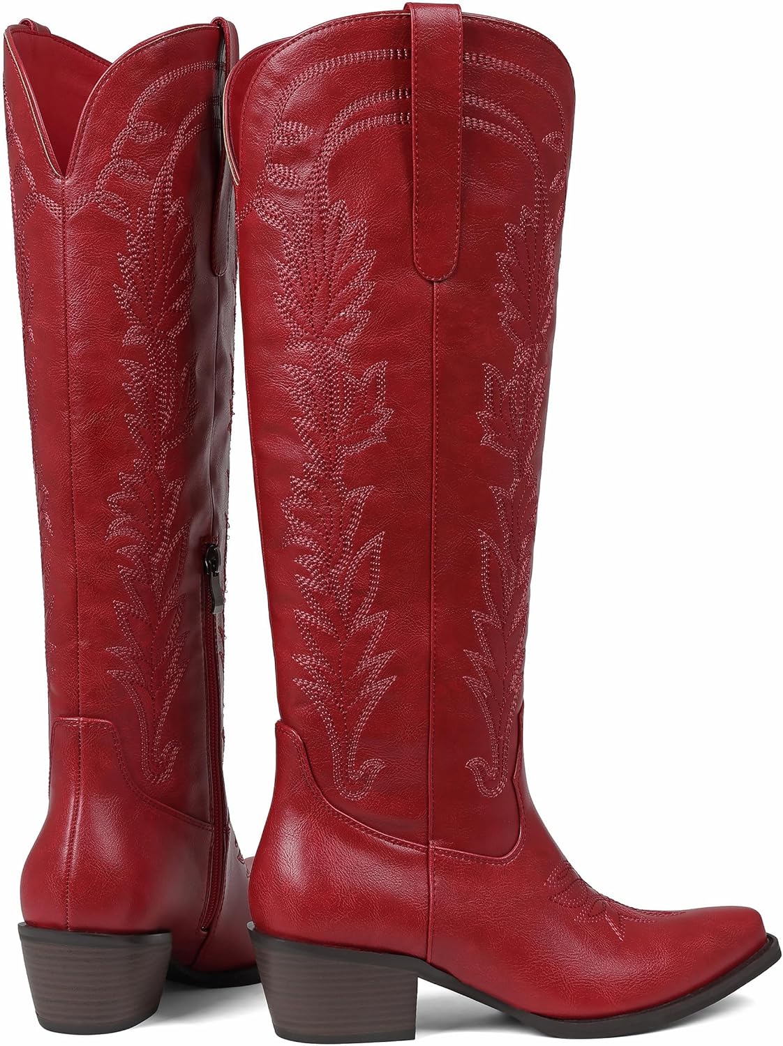 femflame Black Cowboy Boots for Women Knee High Boots with Pointed Toe Chunky Heel Pull On Zipper Embroidery Cowgirl Boot Wide Calf Snip Toe Leather Western Boot