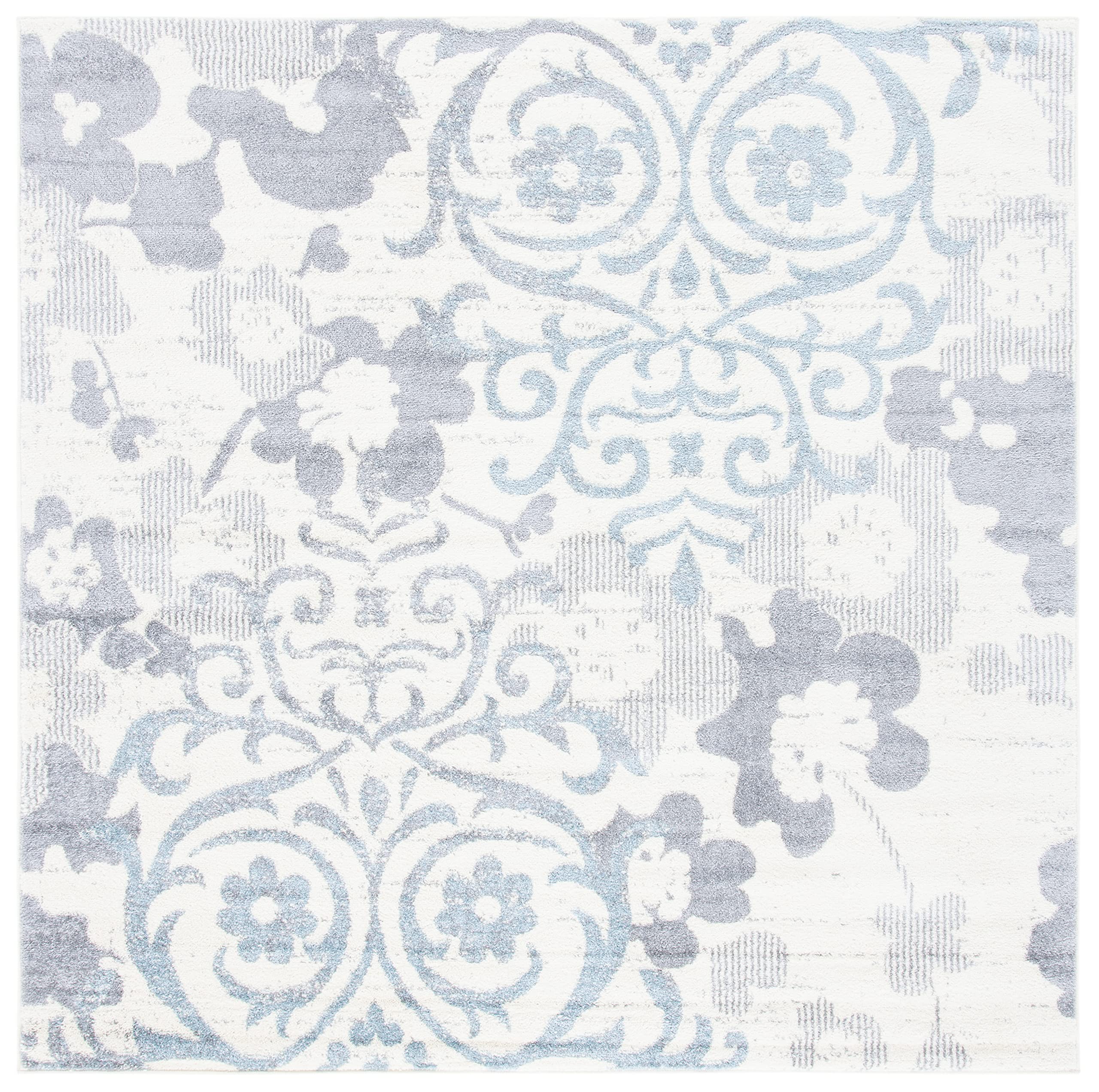 SAFAVIEH Adirondack Collection Area Rug - 6'7" Square, Ivory & Grey, Floral Glam Damask Distressed Design, Non-Shedding & Easy Care, Ideal for High