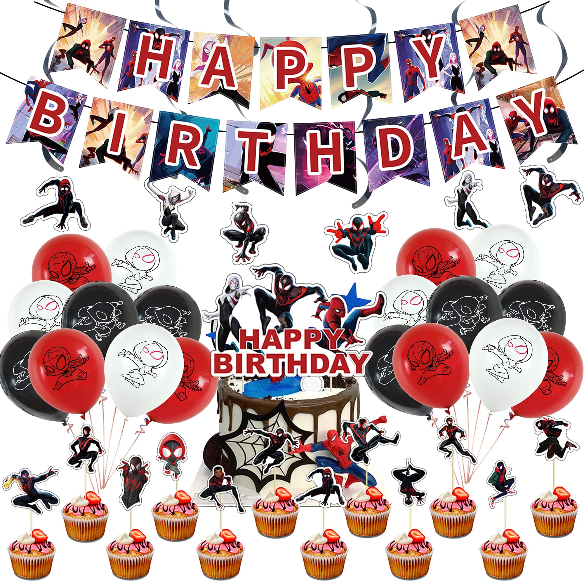 JJION Miles Morales Party Supplies, Superhero Spiderman Party Decorations Favors Sets for Boys and Girls Birthday Party with Happy Birthday Banner Cake Topper Cupcake Toppers Balloons Hanging Swirls