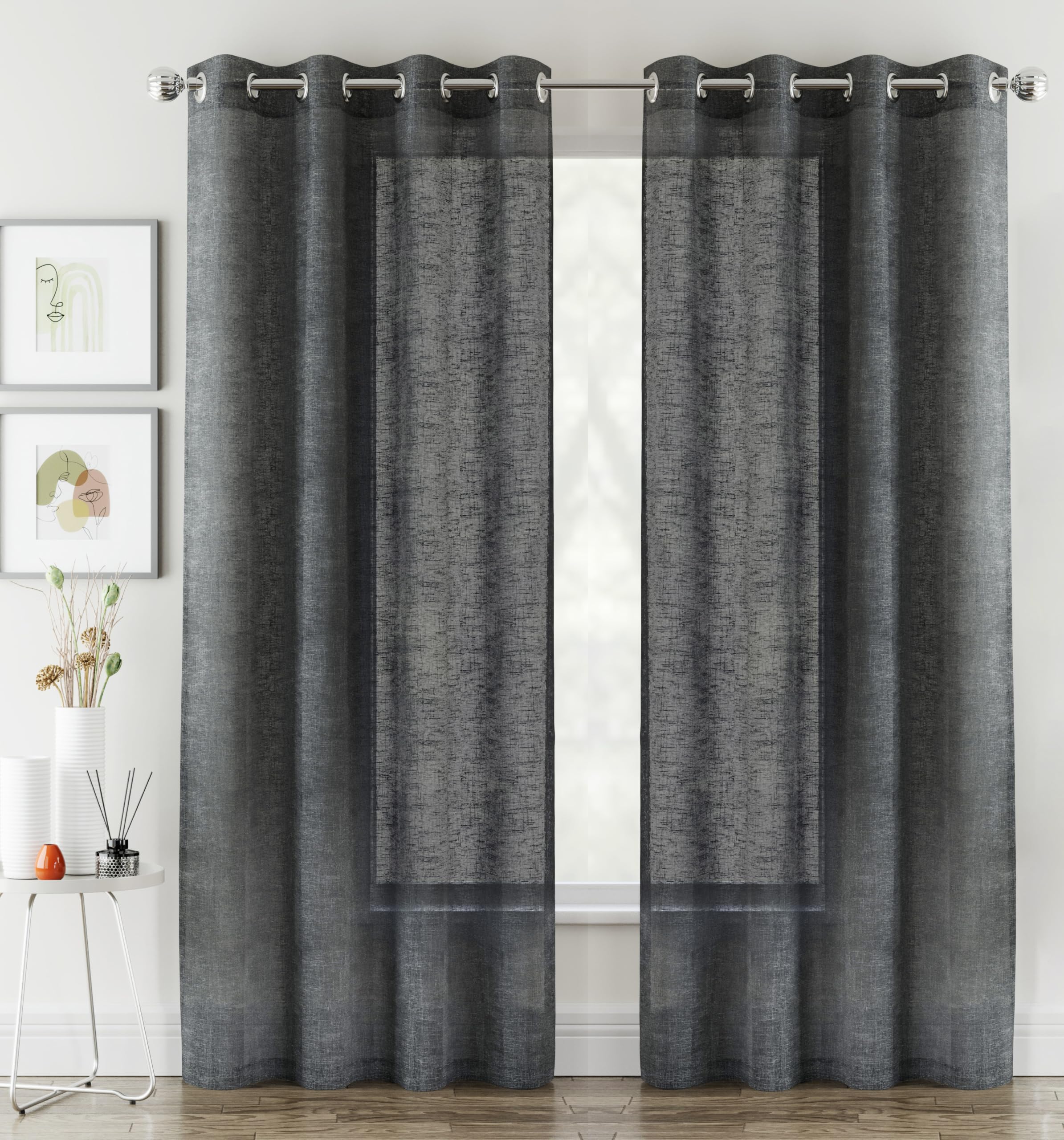Tyrone Textiles  Grey Crete Linen Looks Sheer Eyelet Panel - Pair, Sports Direct