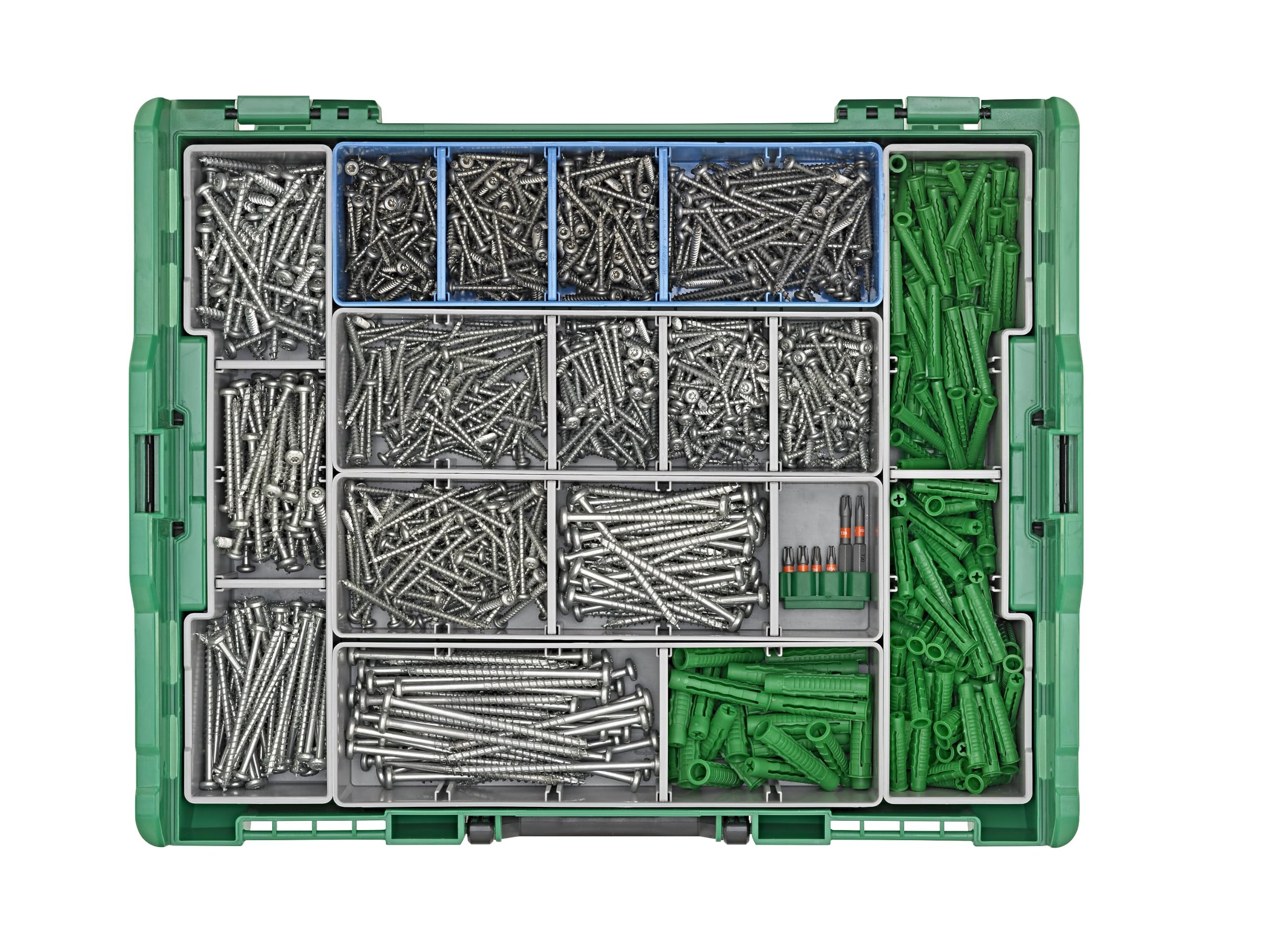 SPAX Maletín de montaje L-BOXX grande, juego de electricista con 1200 tornillos de cabeza semirredonda en 14 tamaños, 250 tacos a juego y 6 puntas T-STAR plus