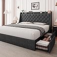 Feonase King Size Platform Bed Frame with 4 Storage Drawers, Upholstered Bed with Charging Station, Solid Wood Slats Support, Light Gray