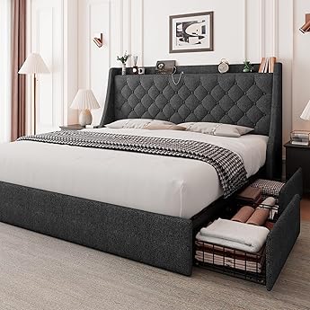Feonase King Size Platform Bed Frame with 4 Storage Drawers, Upholstered Bed with Charging Station, Solid Wood Slats Support, Light Gray