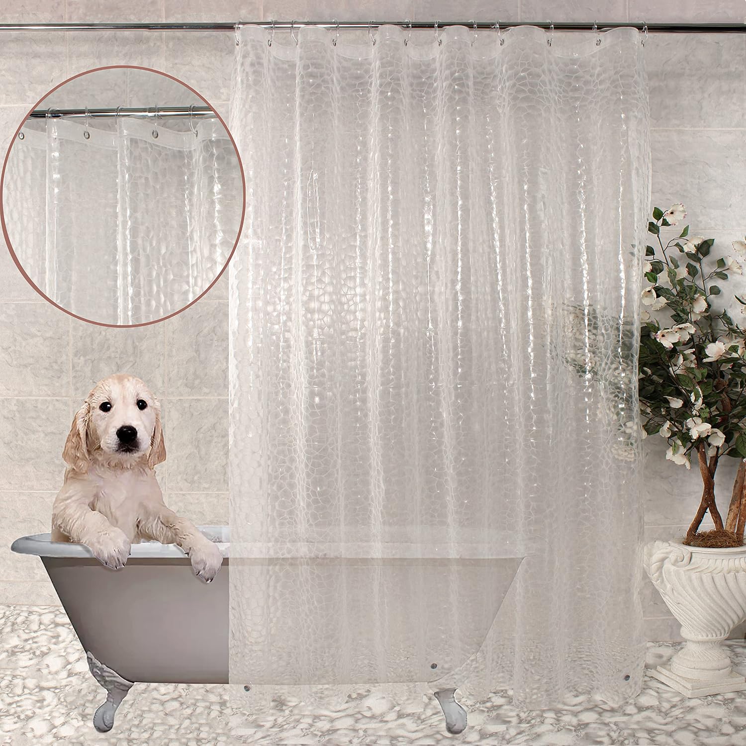 Shower Curtain Liner 3D Semi Transparent Heavy 8G Thick PEVA Waterproof Plastic Metal Grommets and Weighted Magnets 70 x 72 inches with Hooks Water Cube Clear