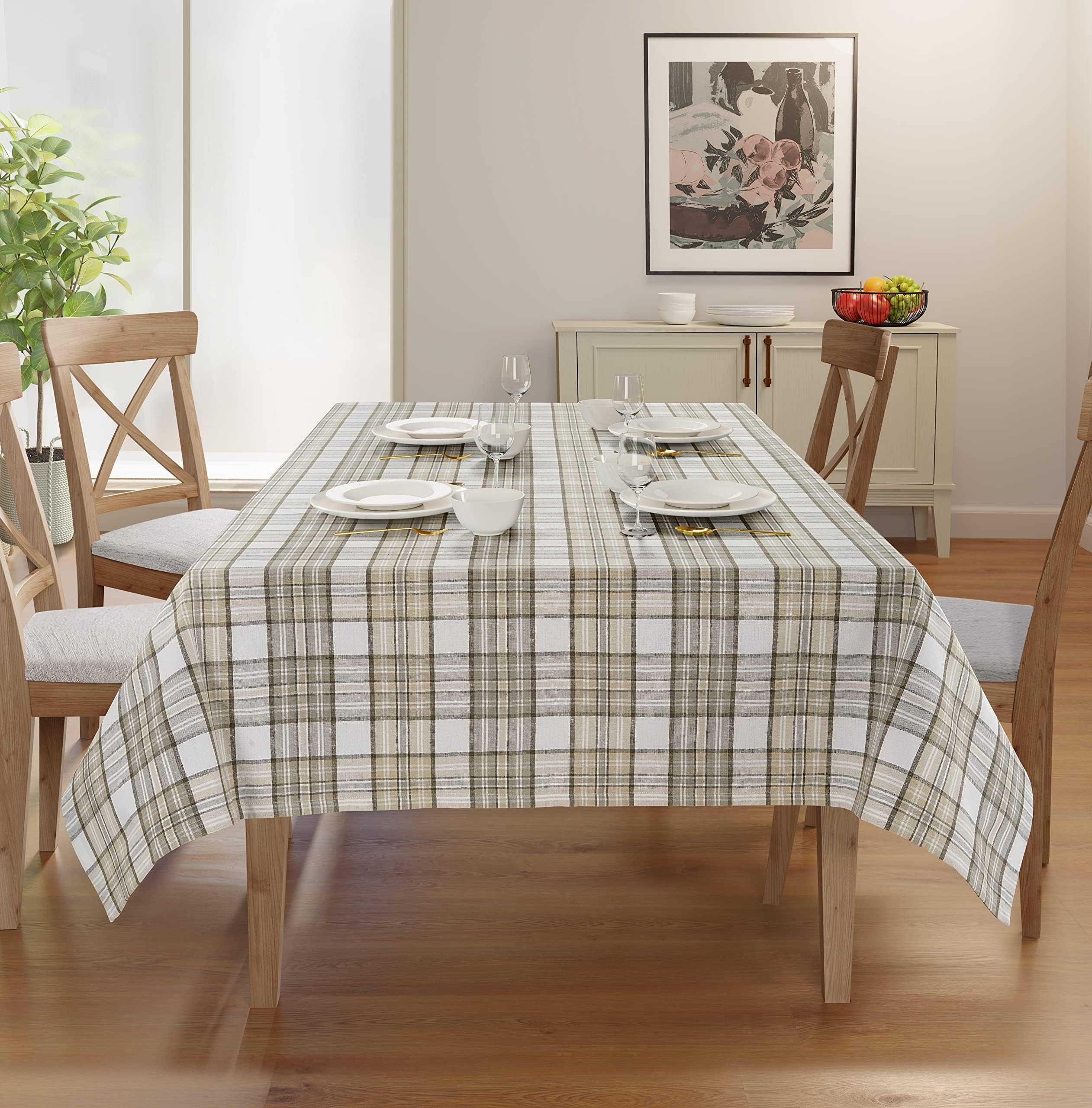 Rectangle Table Cloth - Table Cover - Cotton Mitered Stitched - Checks Table Covers for Kitchen Dining, Wedding, Decorations, & Parties - 60x104 in - Taupe Duplin