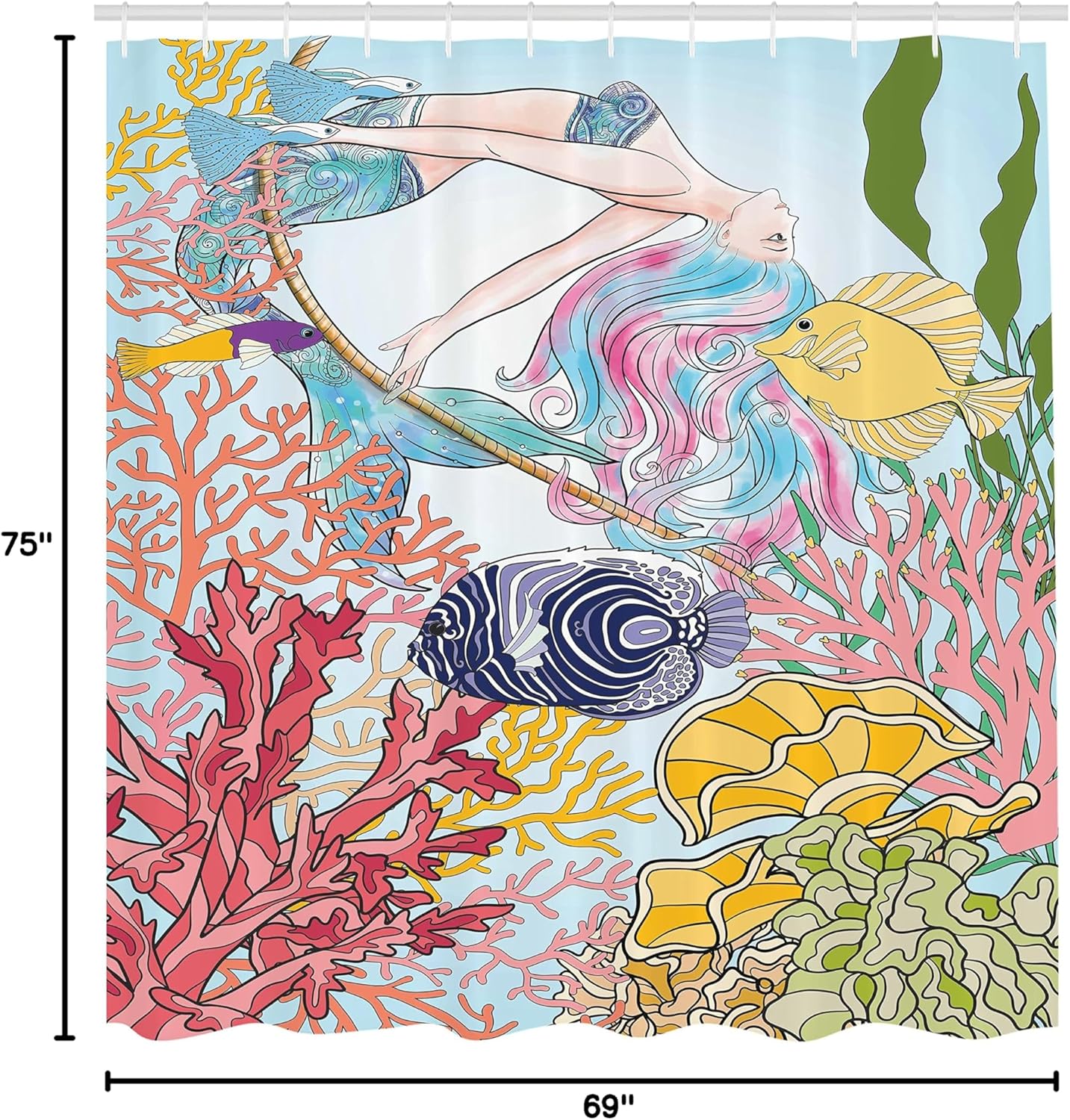 Ambesonne Mermaid Shower Curtain, Hand Drawn Mermaid Creature Swinging Coral Reefs in Underwater World Art, Cloth Fabric Bathroom Decor Set with Hooks, 69" W x 75" L, Soft Blue Multicolor