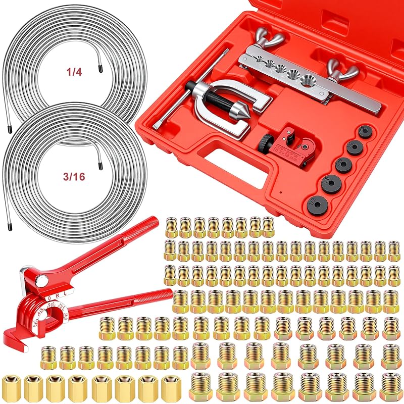 Kit de flangeamento para linha de freio smseace com tubos de 3/16 e 1/4 pol., 102 conexões e ferramentas, Silver-B, 112 peças