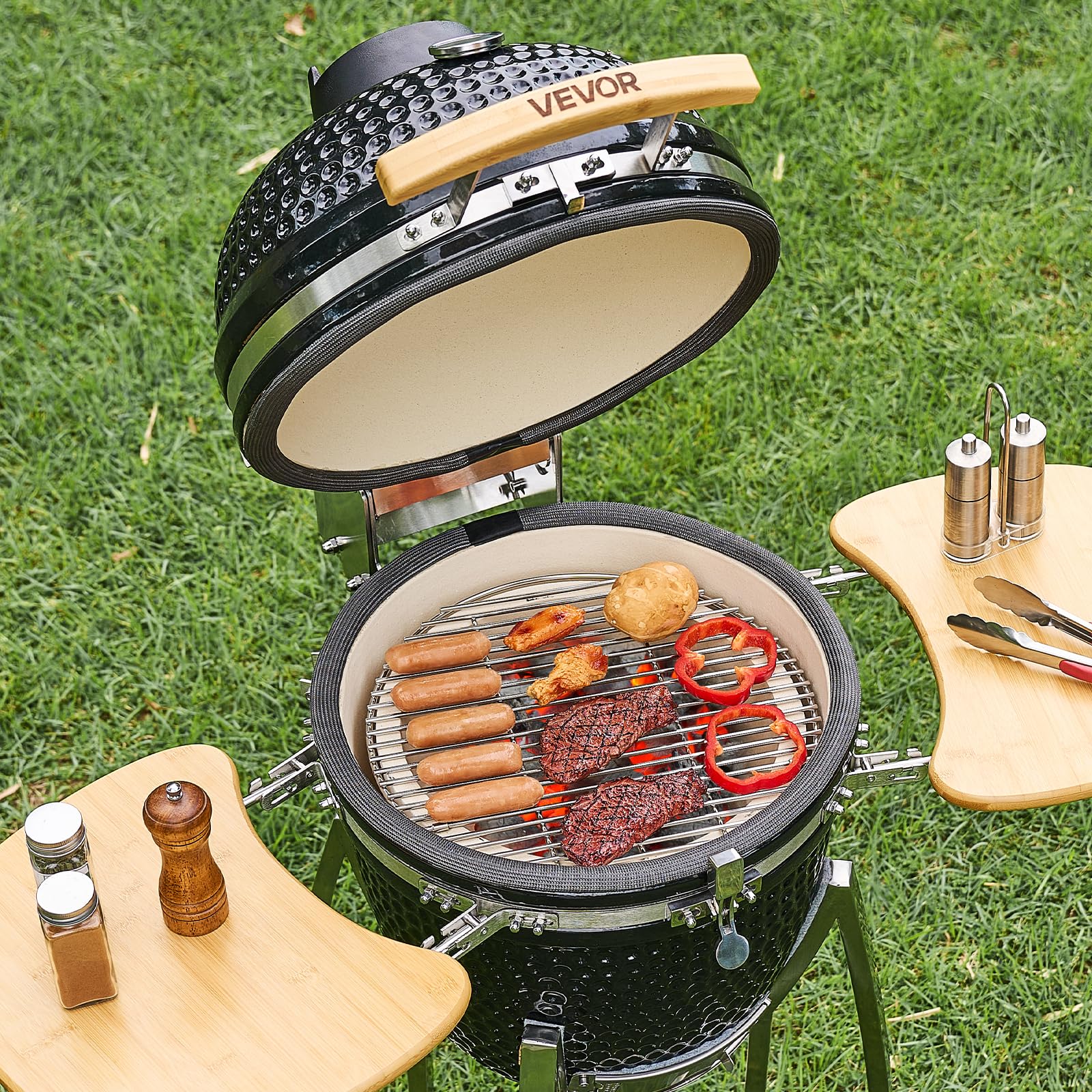 VEVOR Wędzarnia i grill na węgiel drzewny Kamado, 45 cm, ruchomy ceramiczny grill z 4 kółkami (2 zamykane), wbudowany termometr, otwory wentylacyjne i półka boczna do gotowania na zewnątrz na patio
