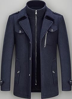 Mens Wool Coats Short Winter Padded Trench Coat for Casual Business Outwear Thick Wool Blend Peacoat with Removable Inner Collar