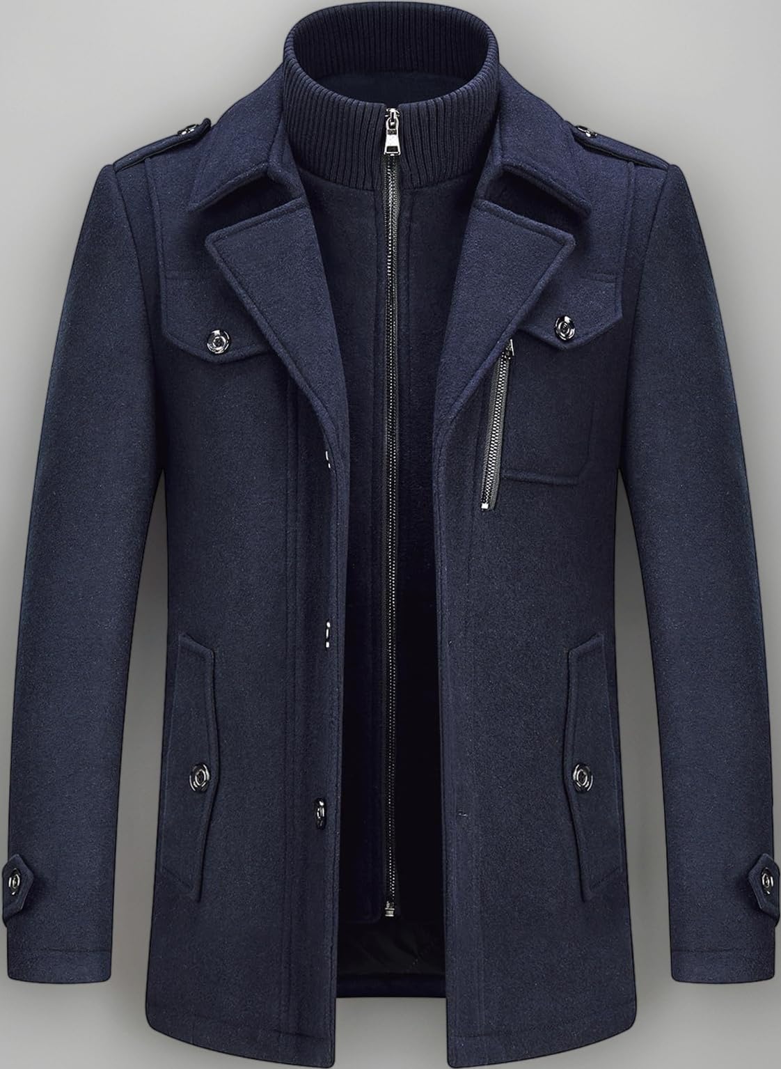 KUDORO Mens Wool Coats Short Winter Padded Trench Coat for Casual Business Outwear Thick Wool Blend Peacoat with Removable Inner Collar