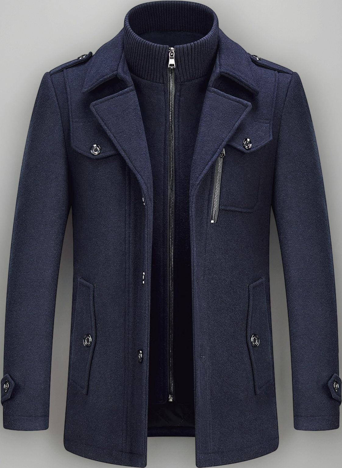 Mens Wool Coats Short Winter Padded Trench Coat for Casual Business Outwear Thick Wool Blend Peacoat with Removable Inner Collar