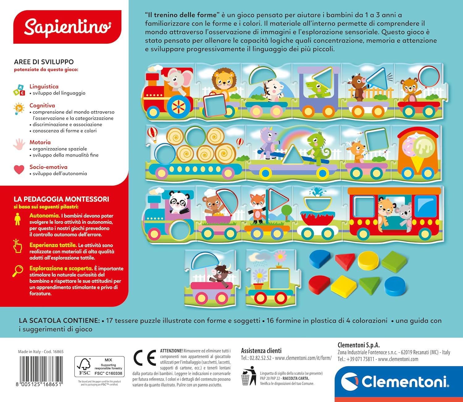 Clementoni Sapientino Montessori - The Train of Forms - Educational Game 1 Year, Flashcards Puzzle, Educational Cards Children, Montessori Game for Learning Shapes, Italian, Made in Italy, 16865