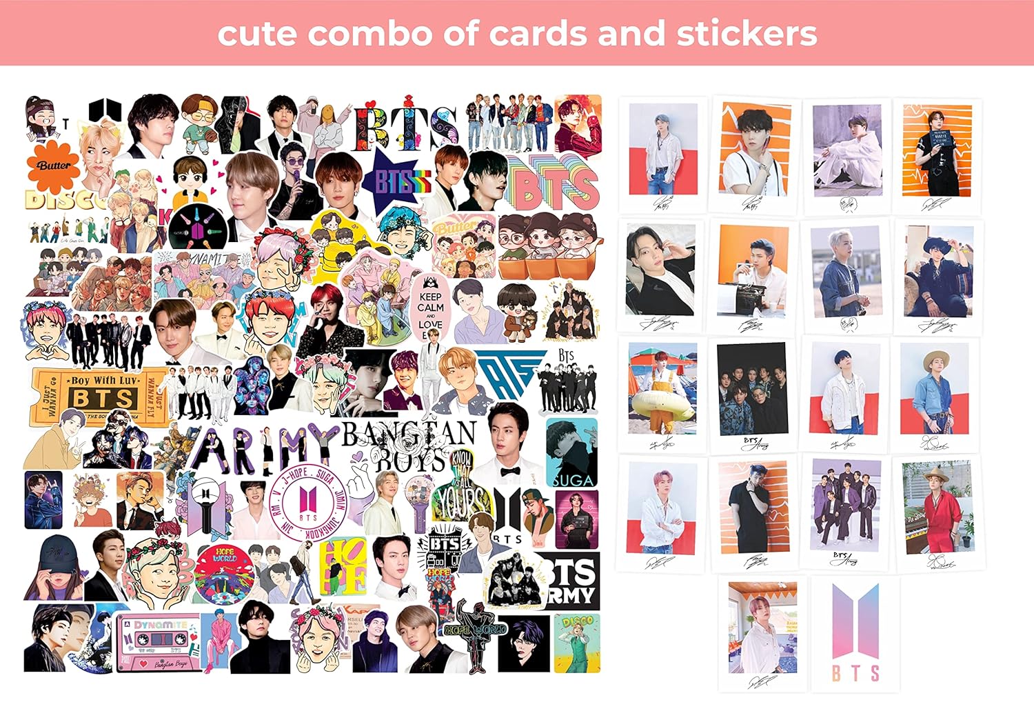 Uzoid BTS Combo (Pack of 100 Stickers + Pack of 18 Lomocards
