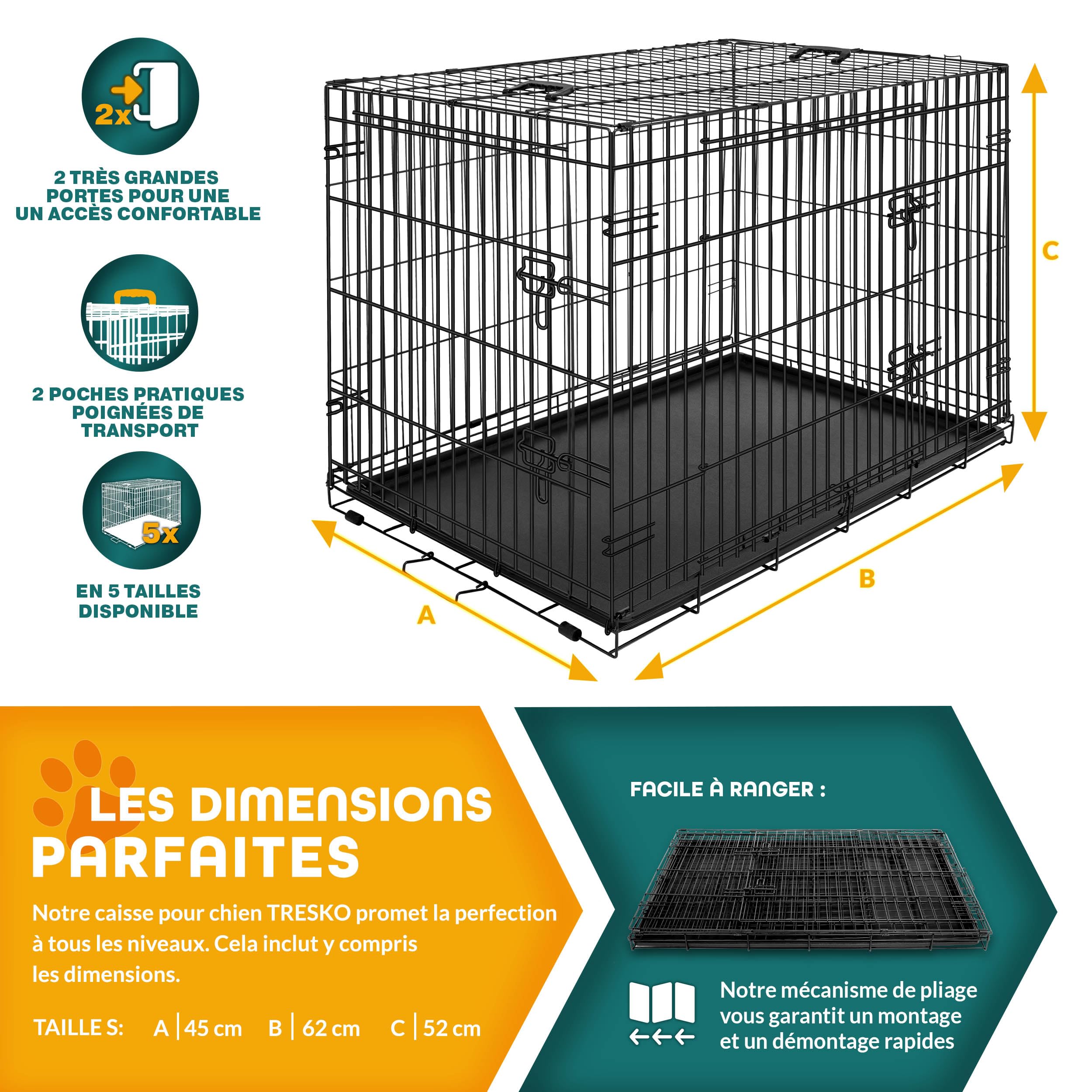 TRESKO Cage de transport pour chien pliable | 2 portes | Transportable | Caisse de transport en métal (S - 62 x 45 x 52 cm)