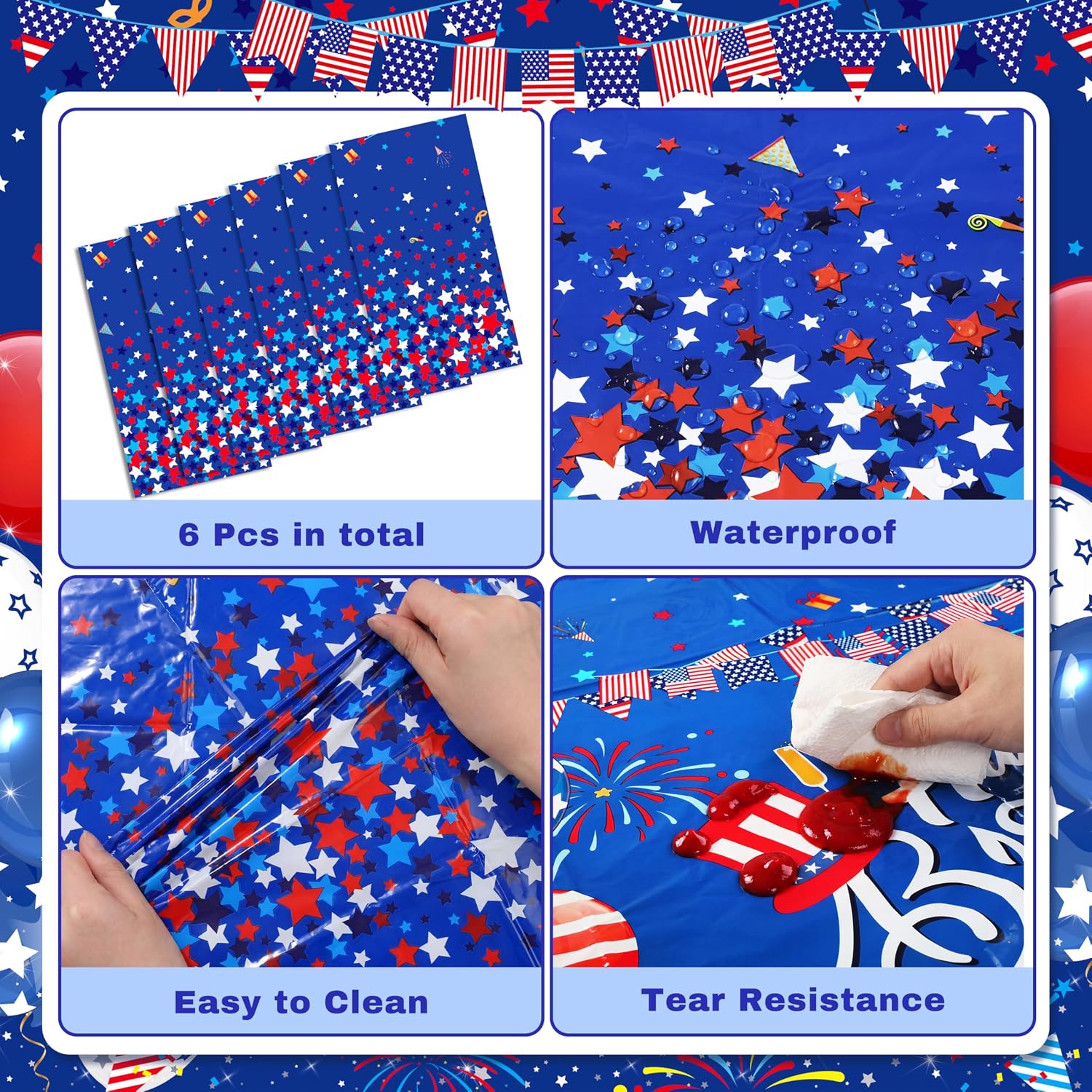 Buryeah 6 Pcs Red White and Blue Happy Birthday Tablecloth 54 x 108 Inch Patriotic Plastic Birthday Decorations American Flag Table Covers for 4th July Independence Day Party Supplies image 2