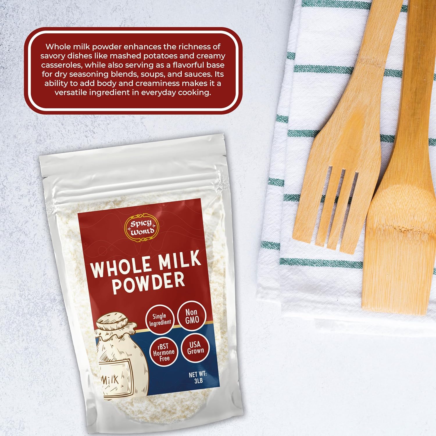 Spicy World Whole Milk Powder 3 LB Bulk Bag - RBST Hormone Free, Made in USA, Non-GMO, Premium Grade - Perfect for Baking, Drinking, and More!