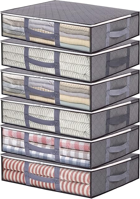 Vieshful 6 Pack Underbed Storage Bags 40L Foldable Clothes Bag Large Capacity Storage Containers with Clear Window Reinforced Handles Zippered Organizer for Comforters Blankets Bedding, Grey