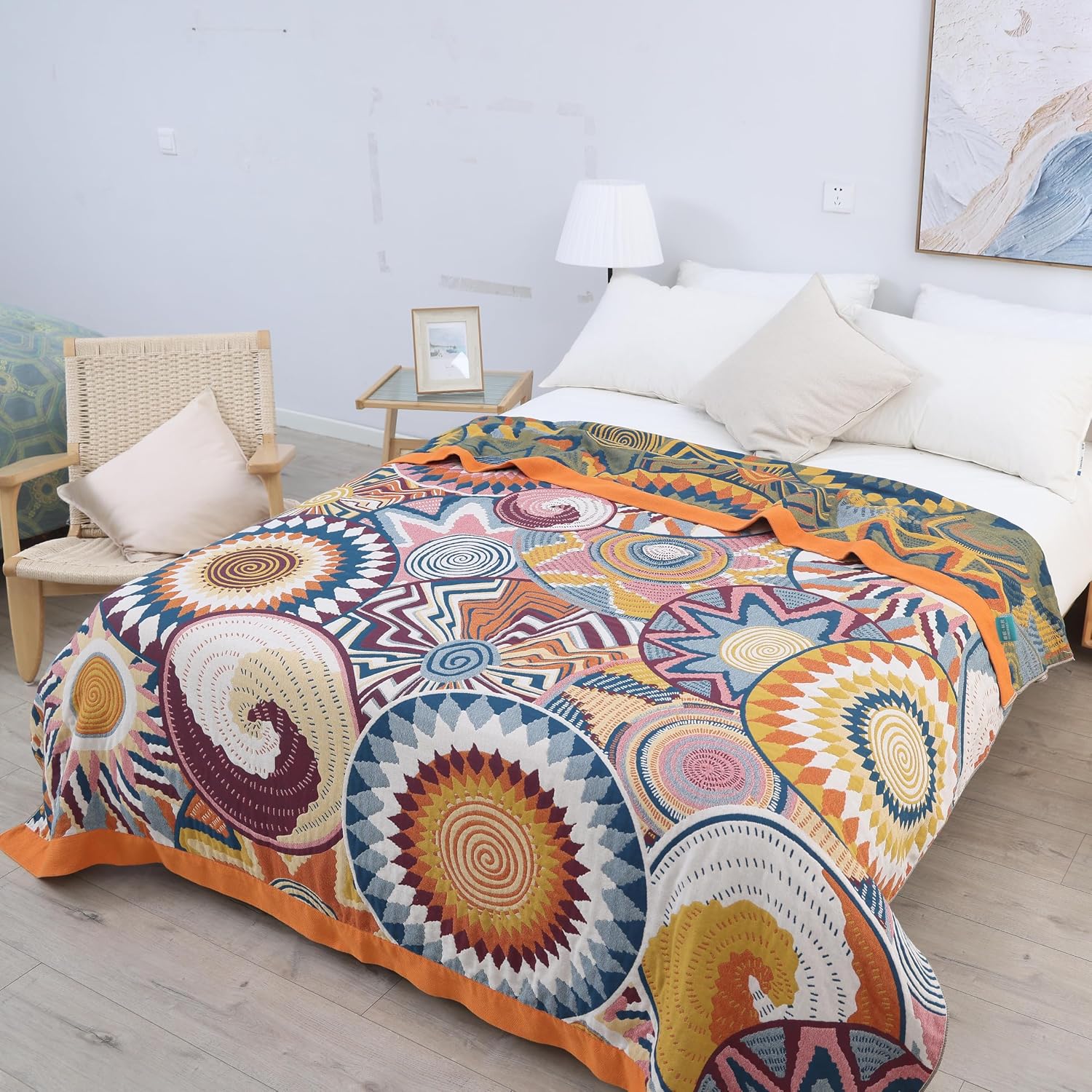 Lahome Boho Throw Blanket for Bed 60"×80" Cotton Soft Rustic Bed Throw for Sofa Couch Geometric Sun Flower Farmhouse Quilt Summer Decor